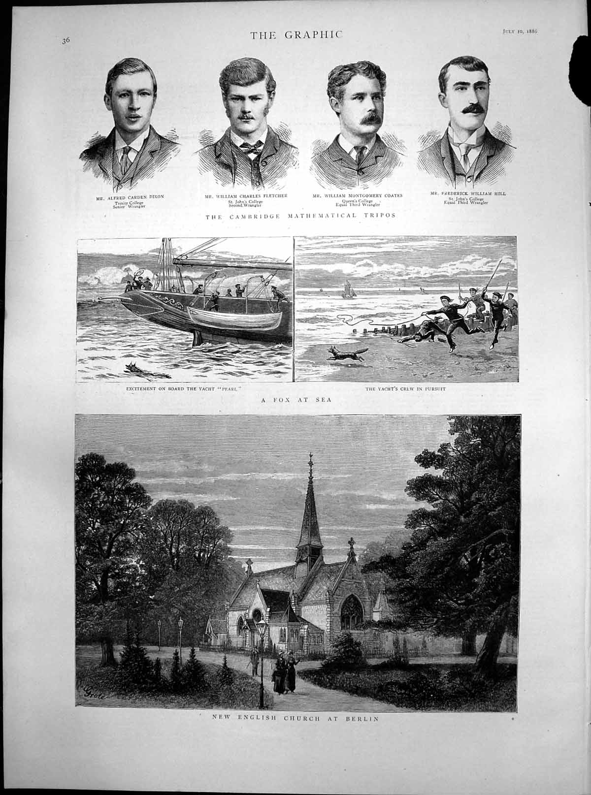 Antique Print Yacht Pearl Cambridge Maths Tripos English Church Berlin 1886