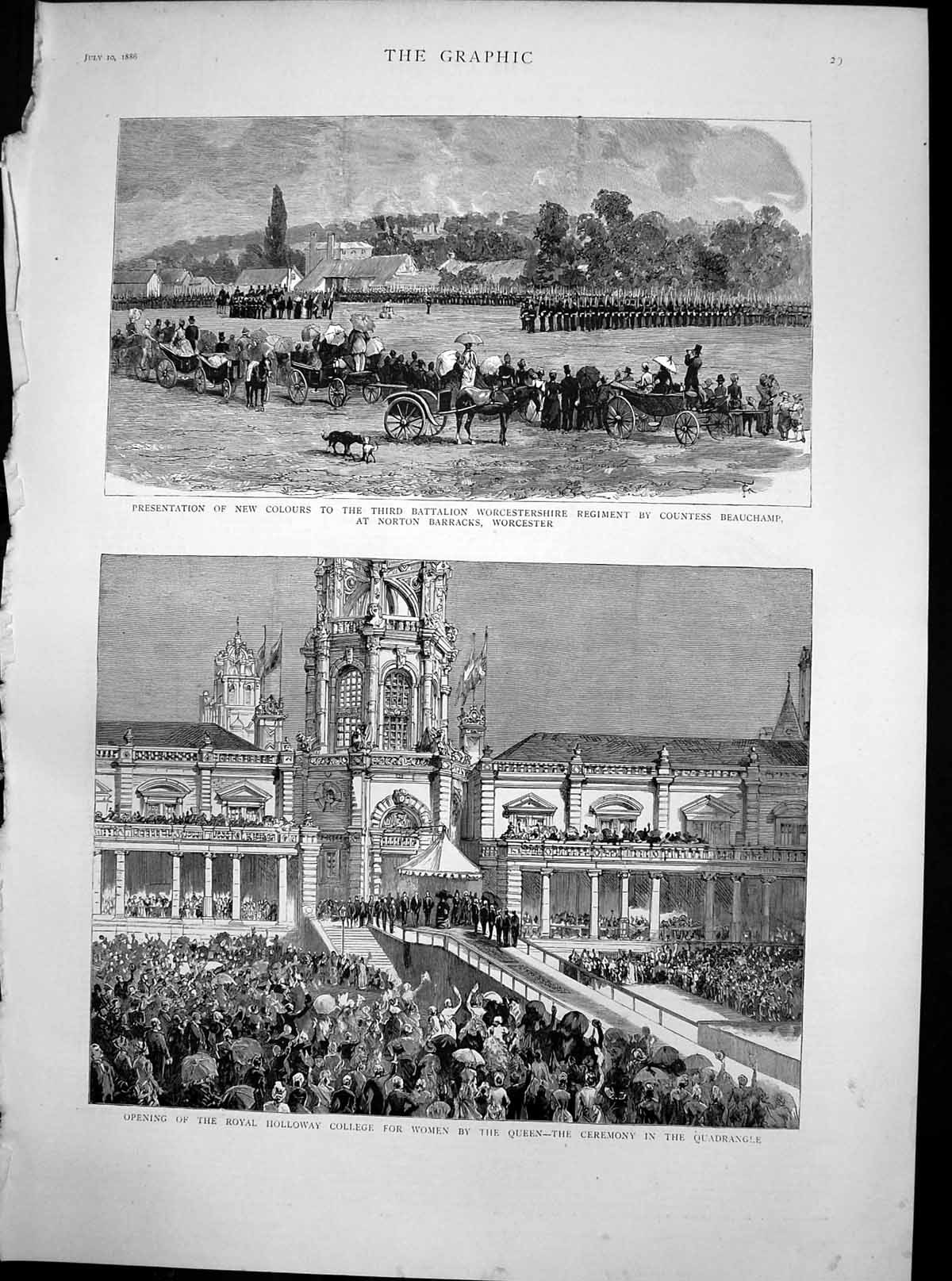 Old Antique Print Colours Worcester Regiment Holloway College Women 1886 19th