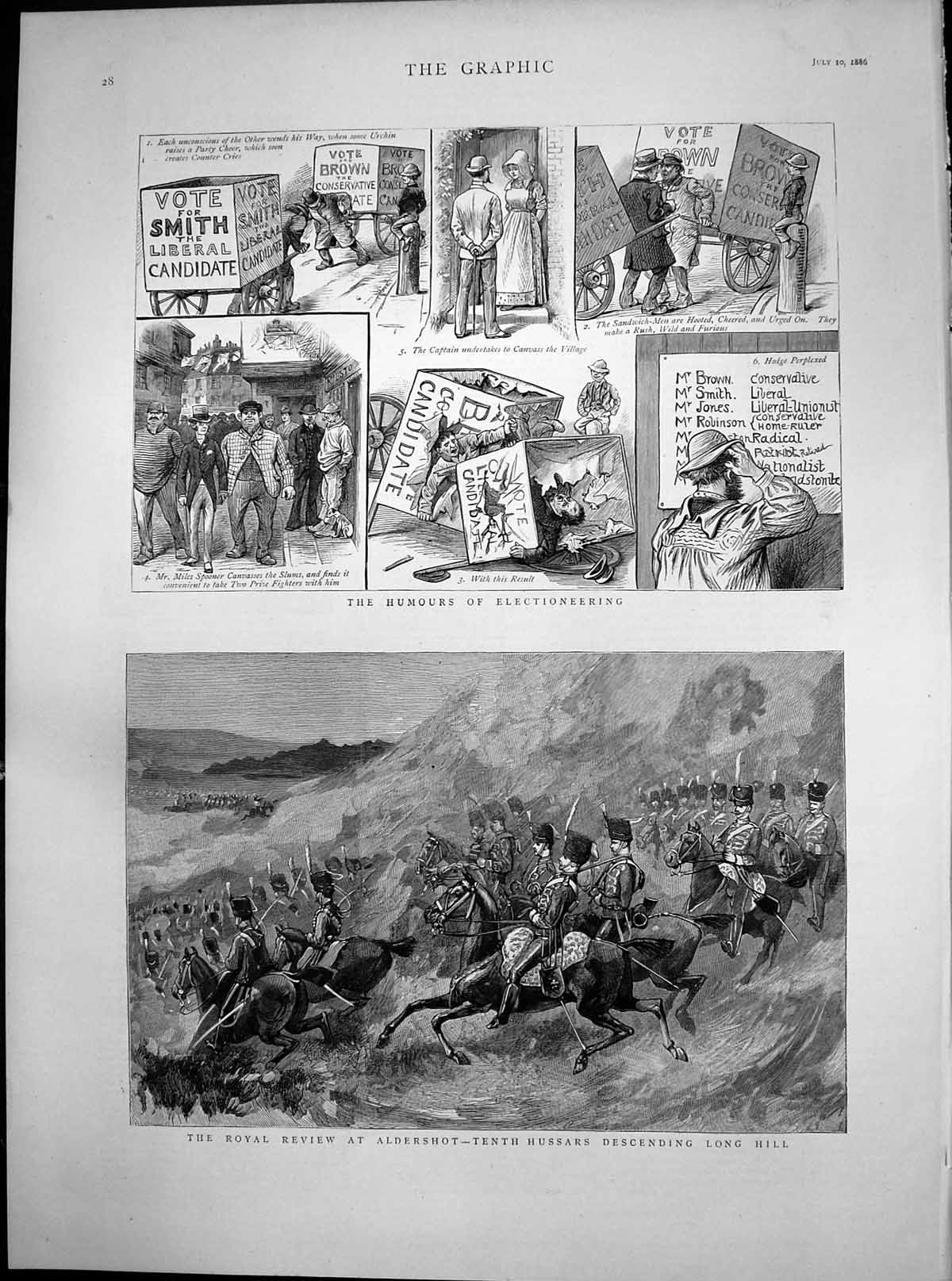 Antique Old Print Humours Electioneering Royal Review Aldershot Hussars 1886