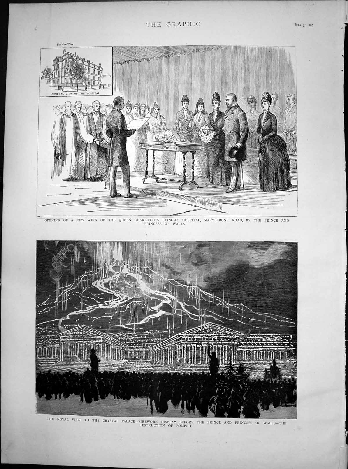 Antique Print Wing Queen Charlottes Hospital Fireworks Crystal Palace 1886 19th