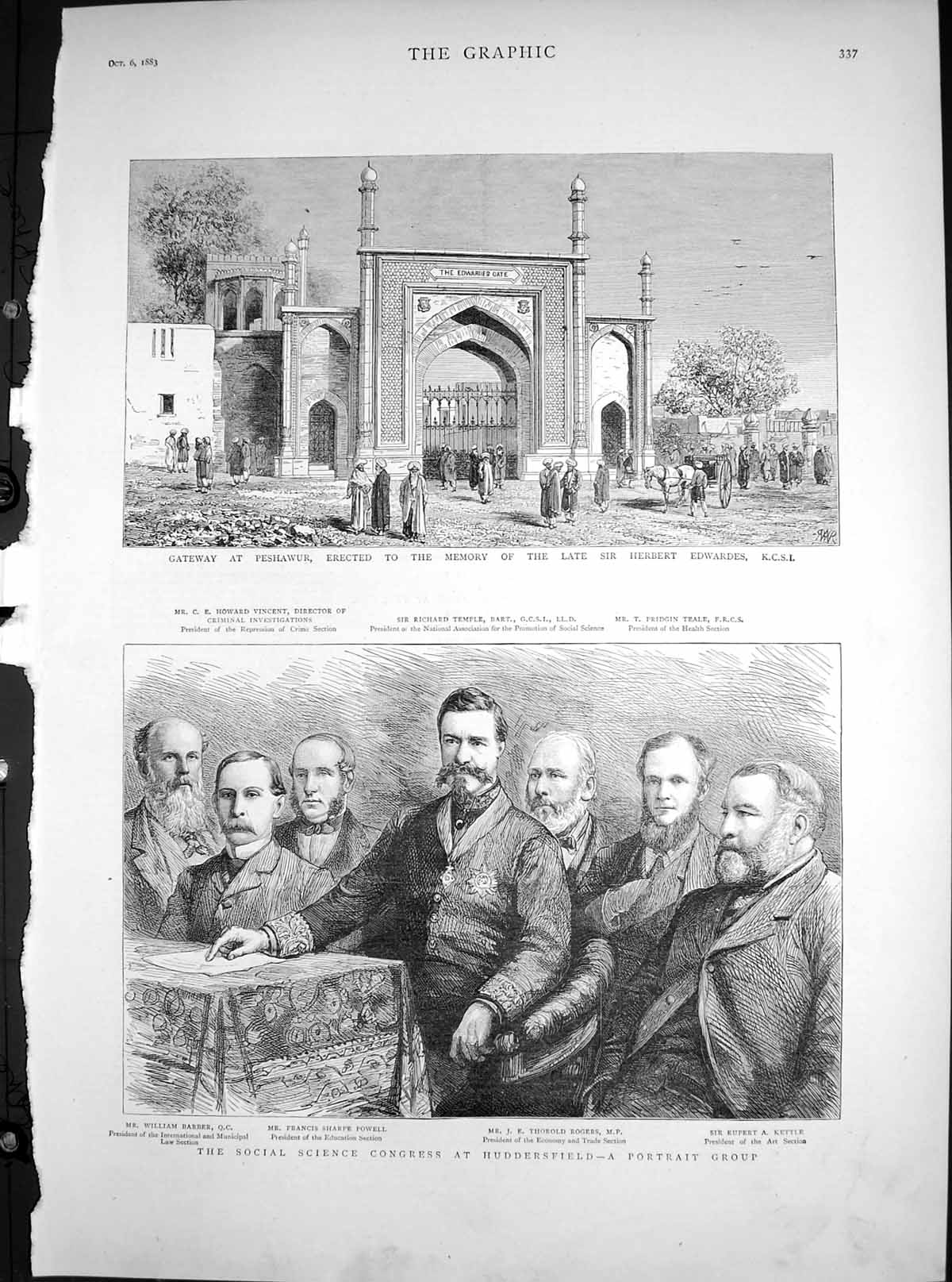 Antique Old Print Social Science Congress Huddersfield Gateway Peshawur 1883