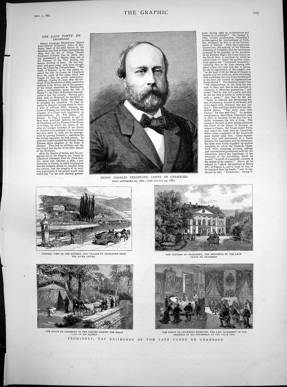 Antique Old Print Henry Ferdinand Comte De Chambord Frohsdorf Chateau 1883 19th