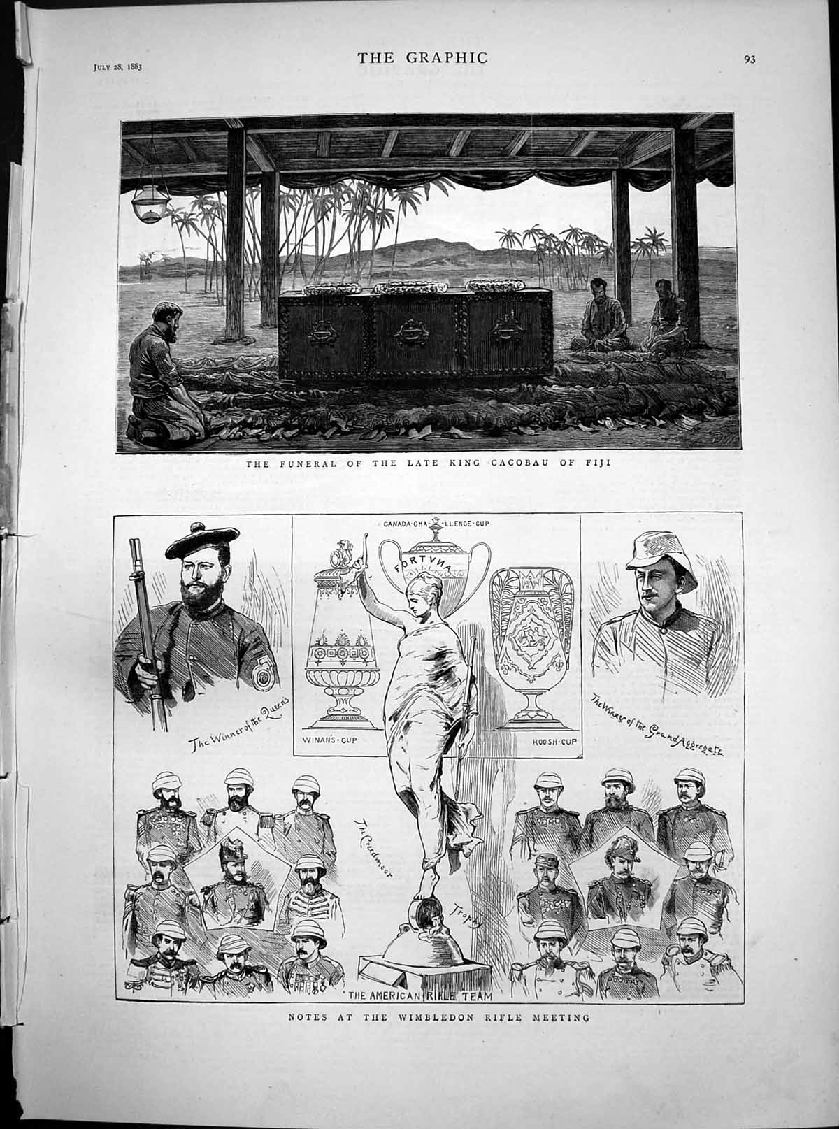 Antique Old Print Funeral King Cacobau Fiji Wimbledon Rifle Meeting Cup 1883