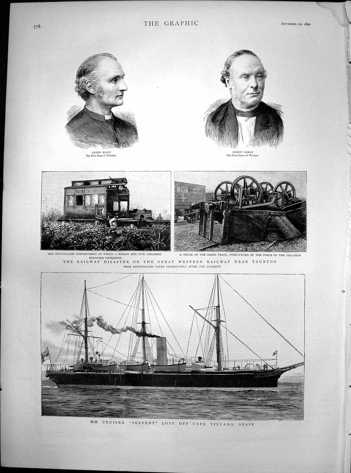 Antique Old Print Railway Disaster Taunton Cruiser Serpent Lost Spain 1890 19th