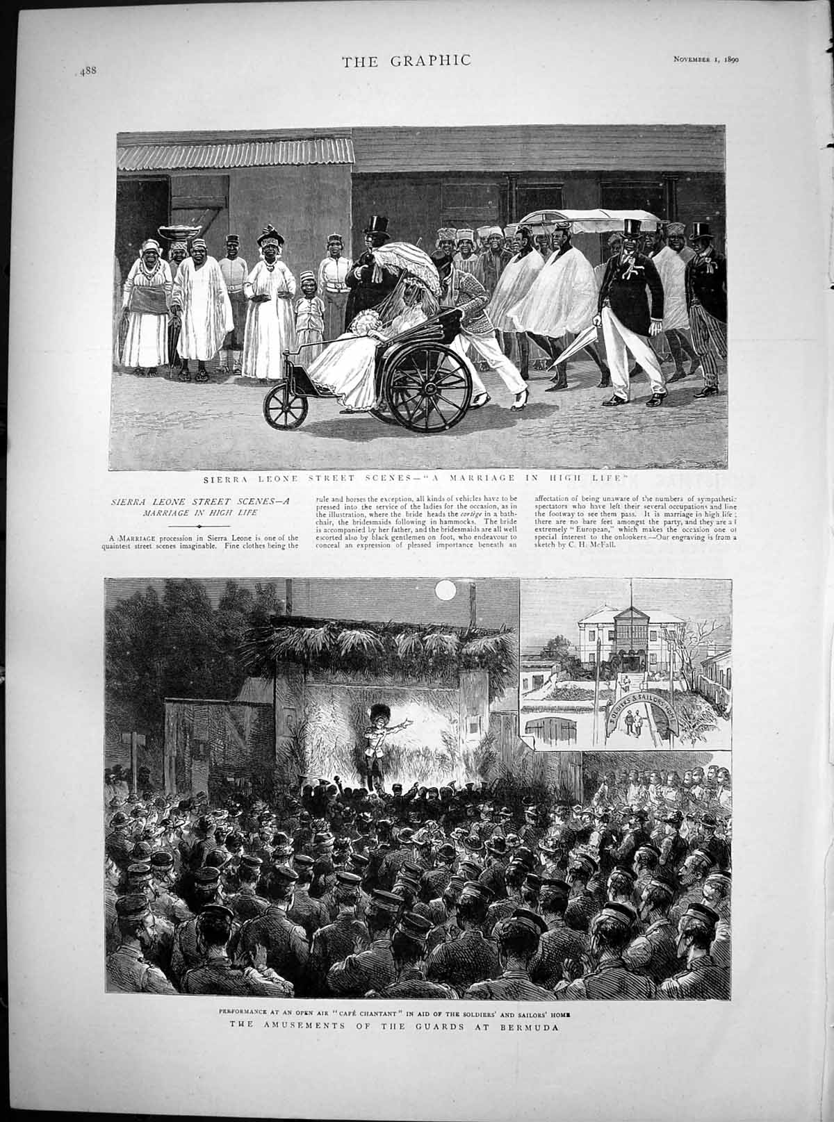 Original Old Antique Print Sierra Leone Marriage Amusements Guards Bermuda 1890