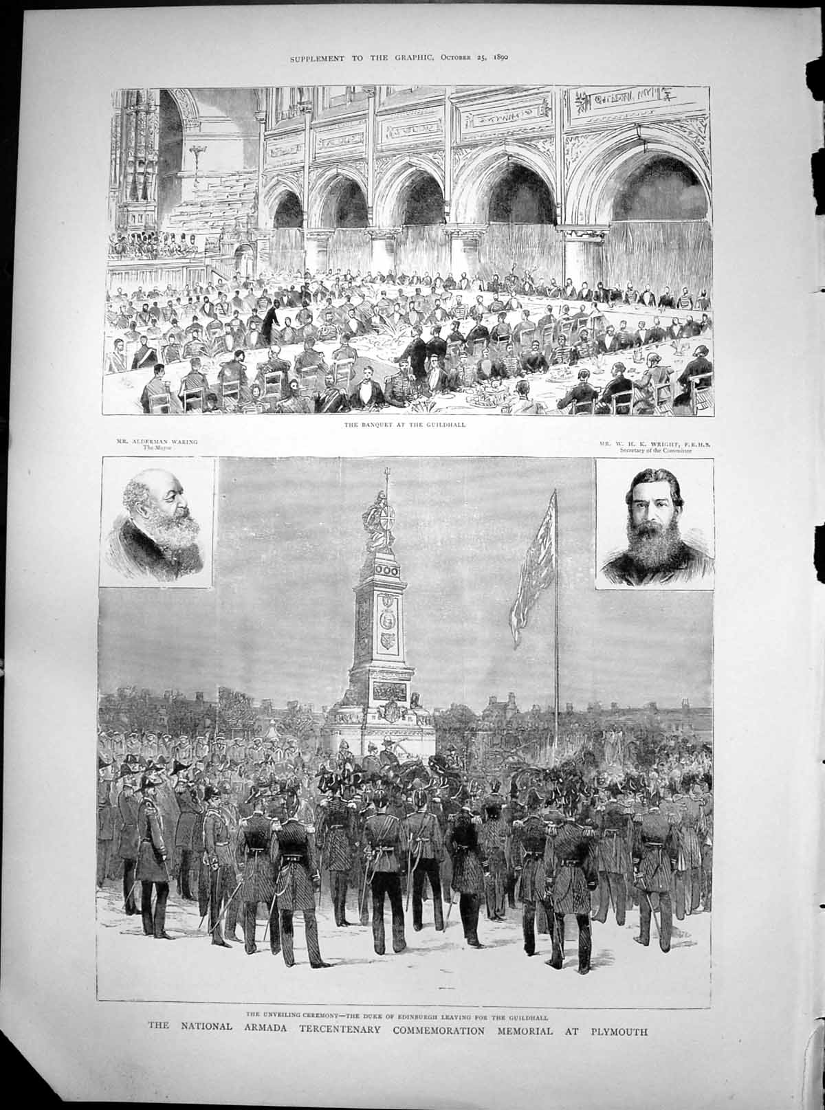 Antique Old Print Armada Tercentenary Memorial Plymouth Banquet Guildhall1890