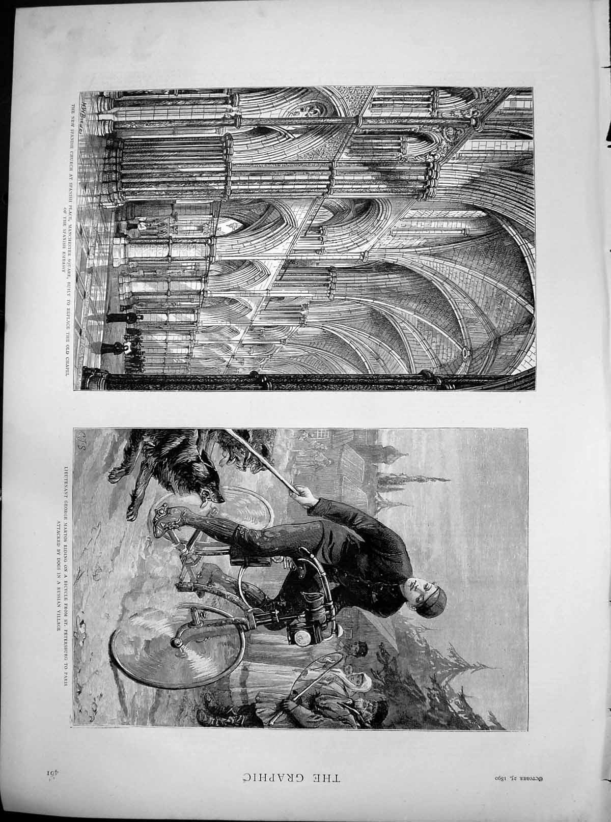 Antique Old Print Lieut George Martos Bicycle Spanish Church Manchester 1890