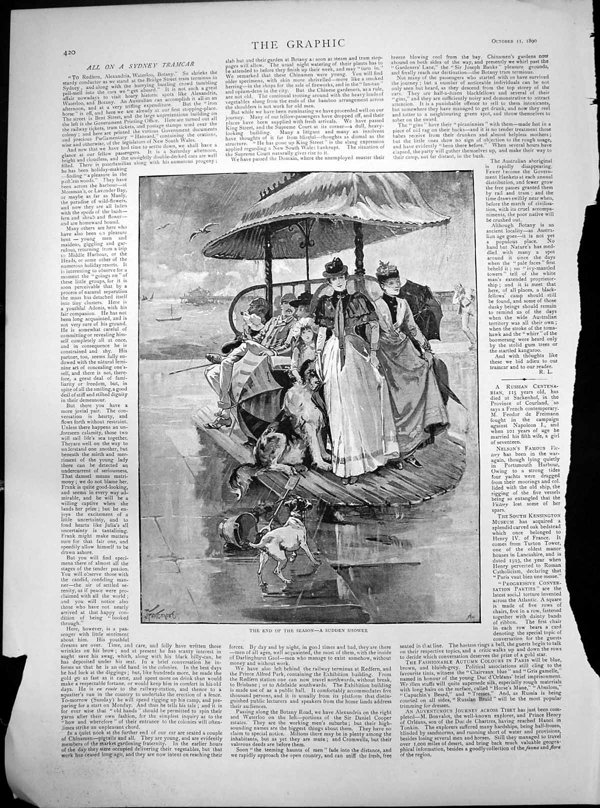 Original Old Antique Print End Season Sudden Shower Group Sheltering Rain 1890