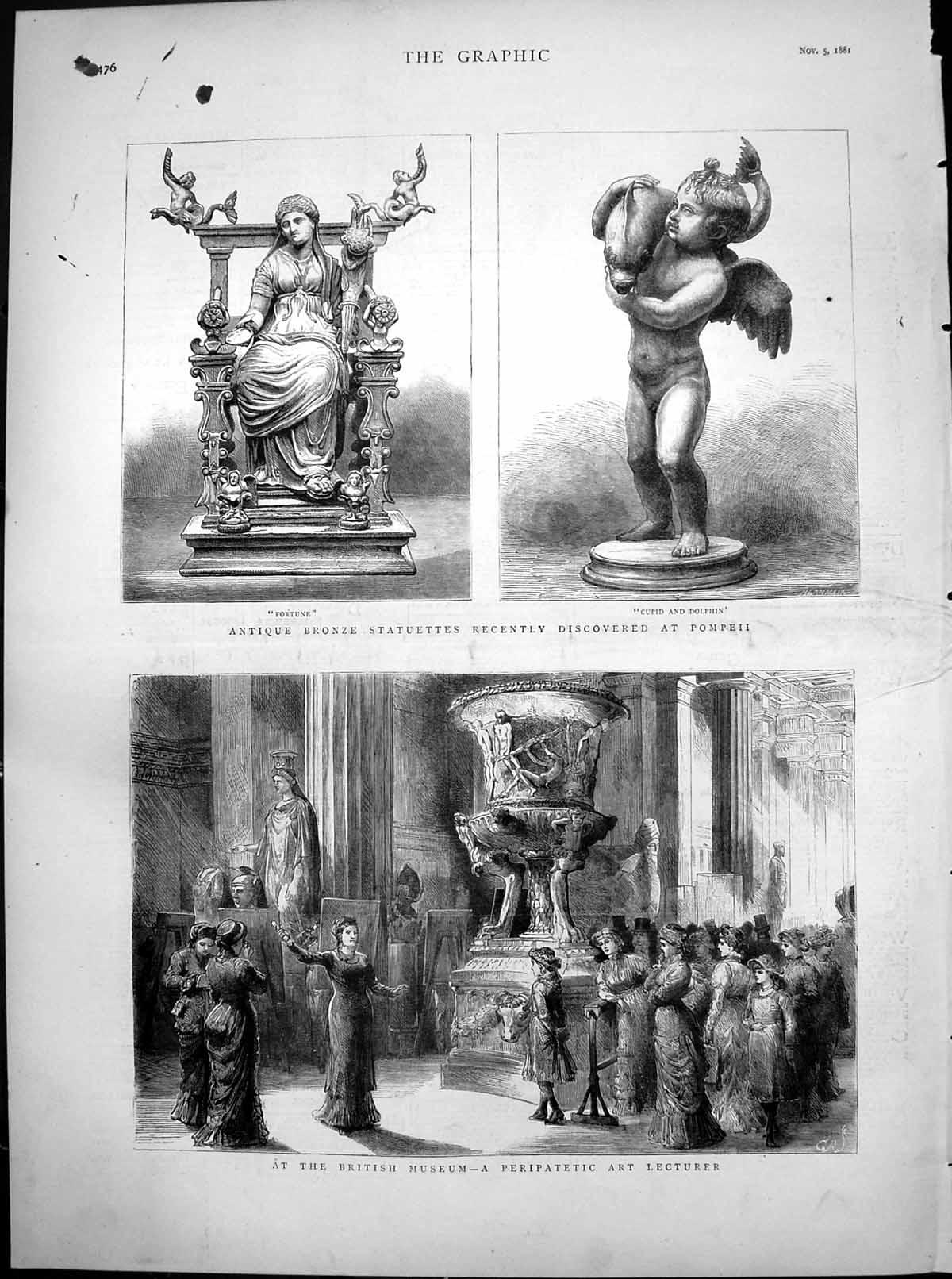 Antique Old Print Bronze Statuettes Pompeii British Museum Art Lecturer 1881