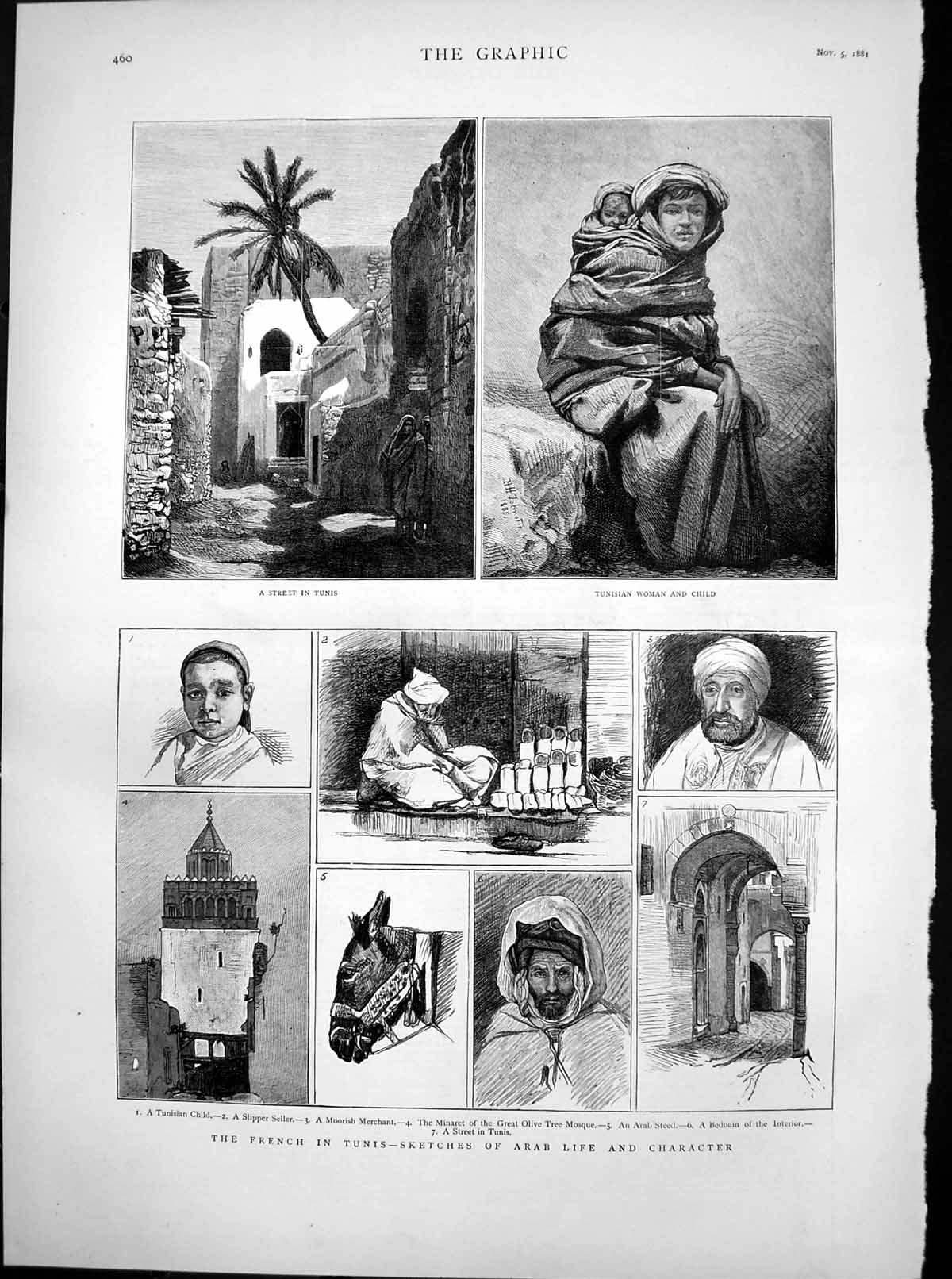 Antique Old Print French Tunis Arab Life Tunisian Woman Child Arab Steed 1881