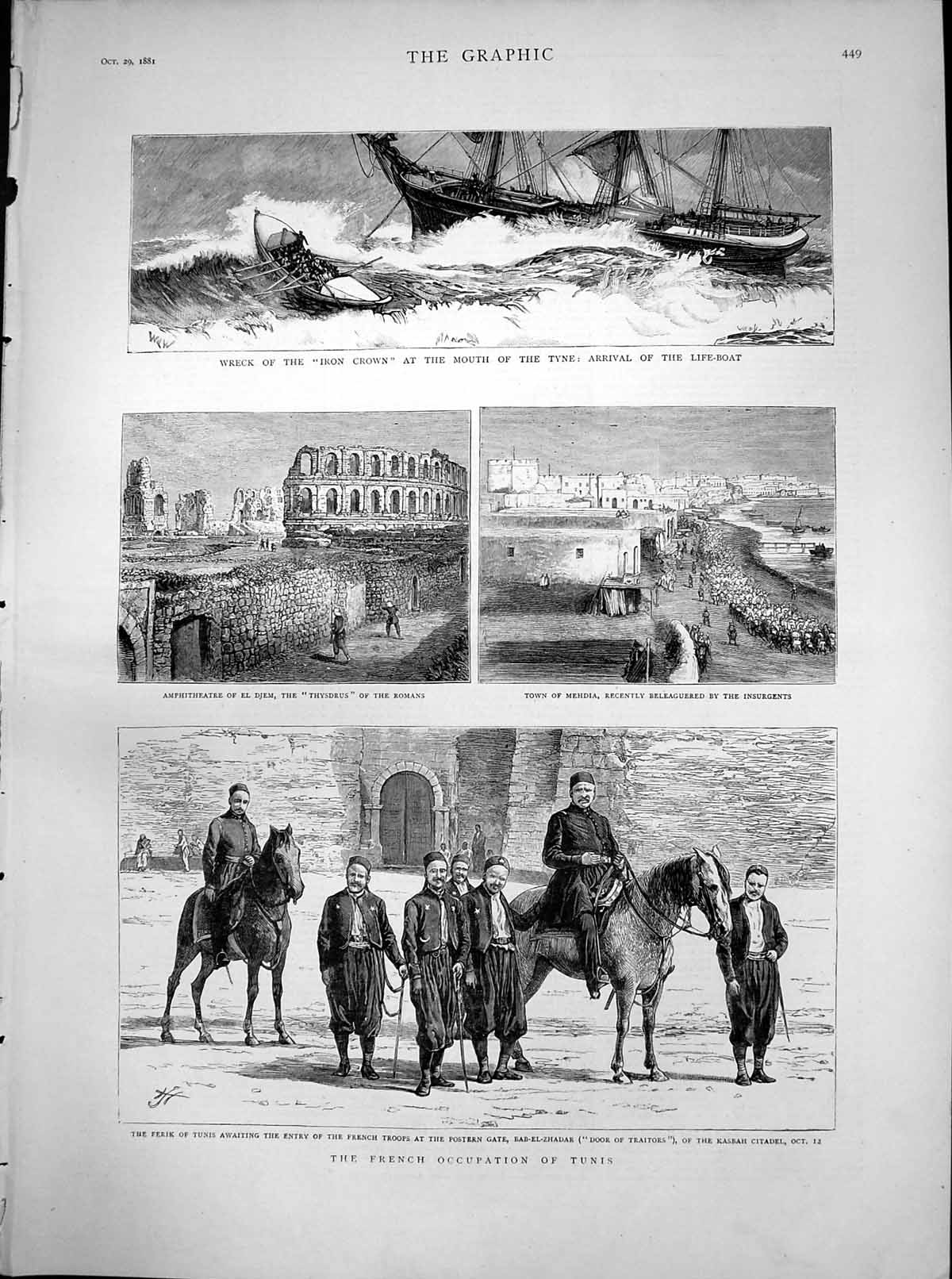 Antique Old Print French Occupation Tunis Mehdia Wreck Iron Crown Tyne 1881