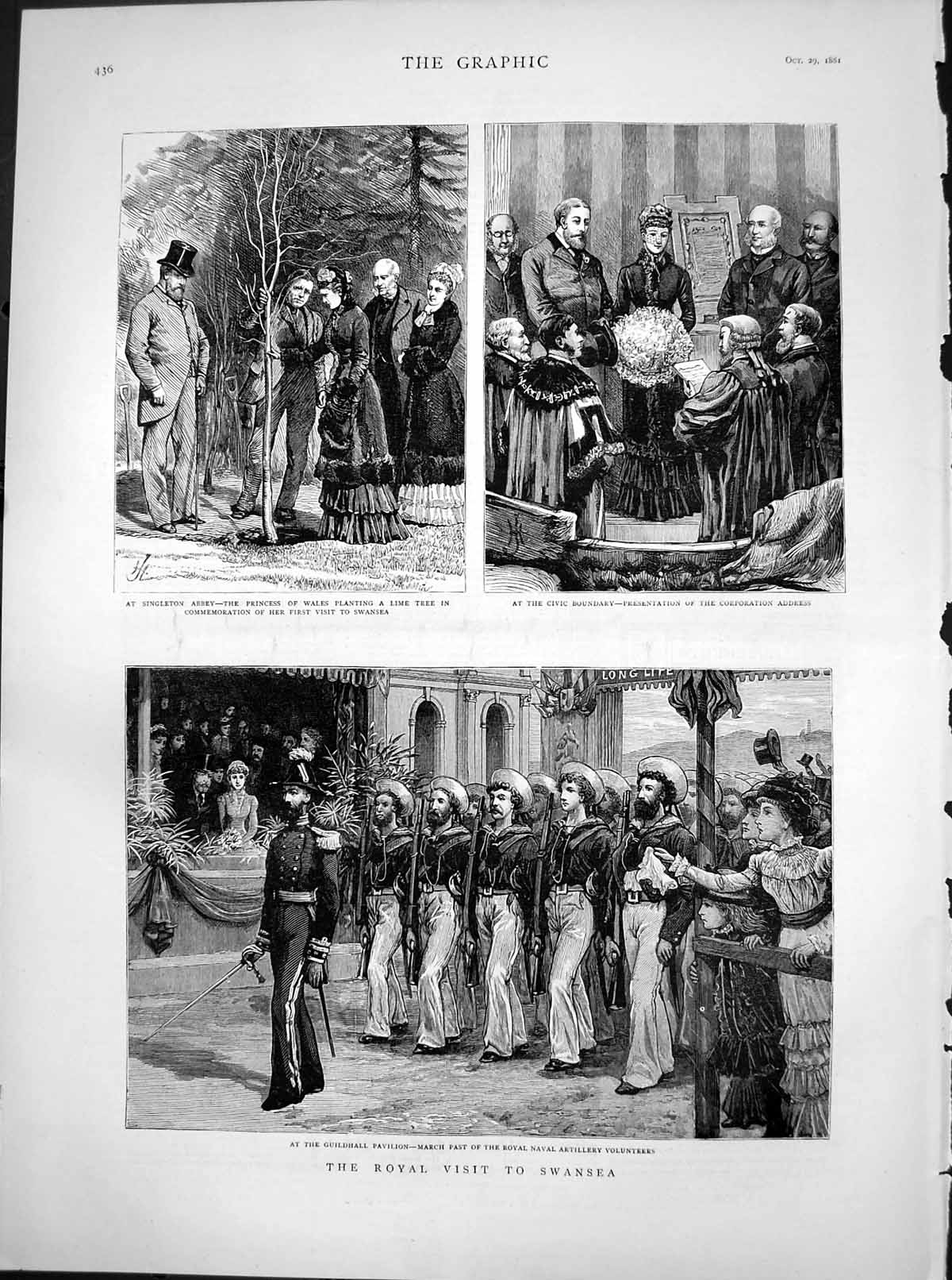 Antique Old Print Royal Visit Swansea Guildhall Pavilion Singleton Abbey 1881