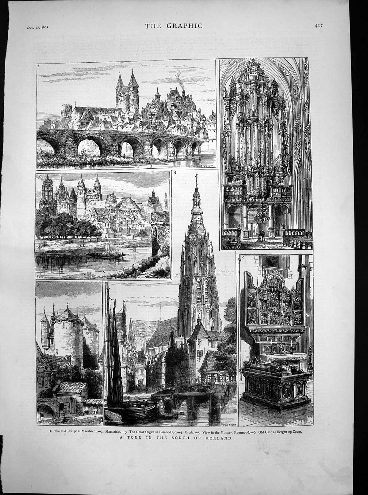 Antique Old Print South Holland Breda Minster Roermond Organ Bois Le Duc 1881