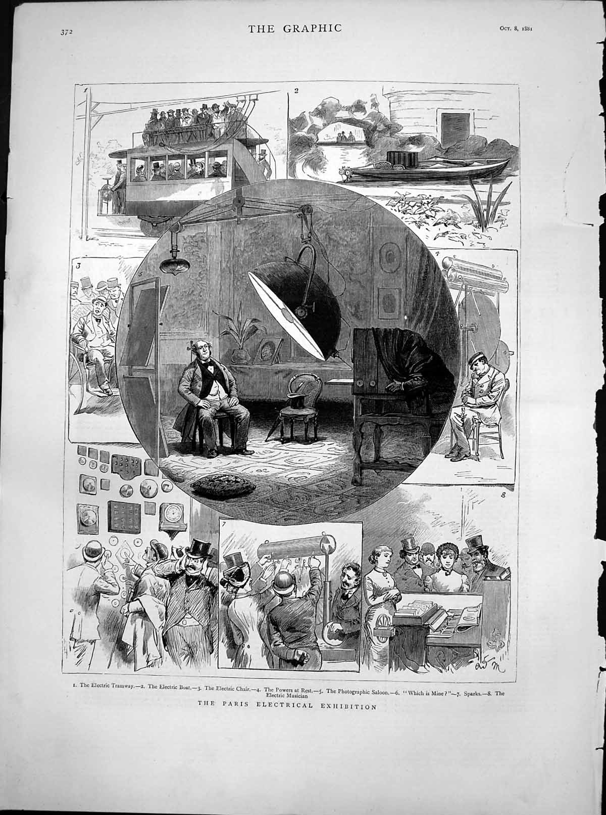 Antique Print Paris Electrical Exhibition Electric Tramway Boat Chair 1881 19th