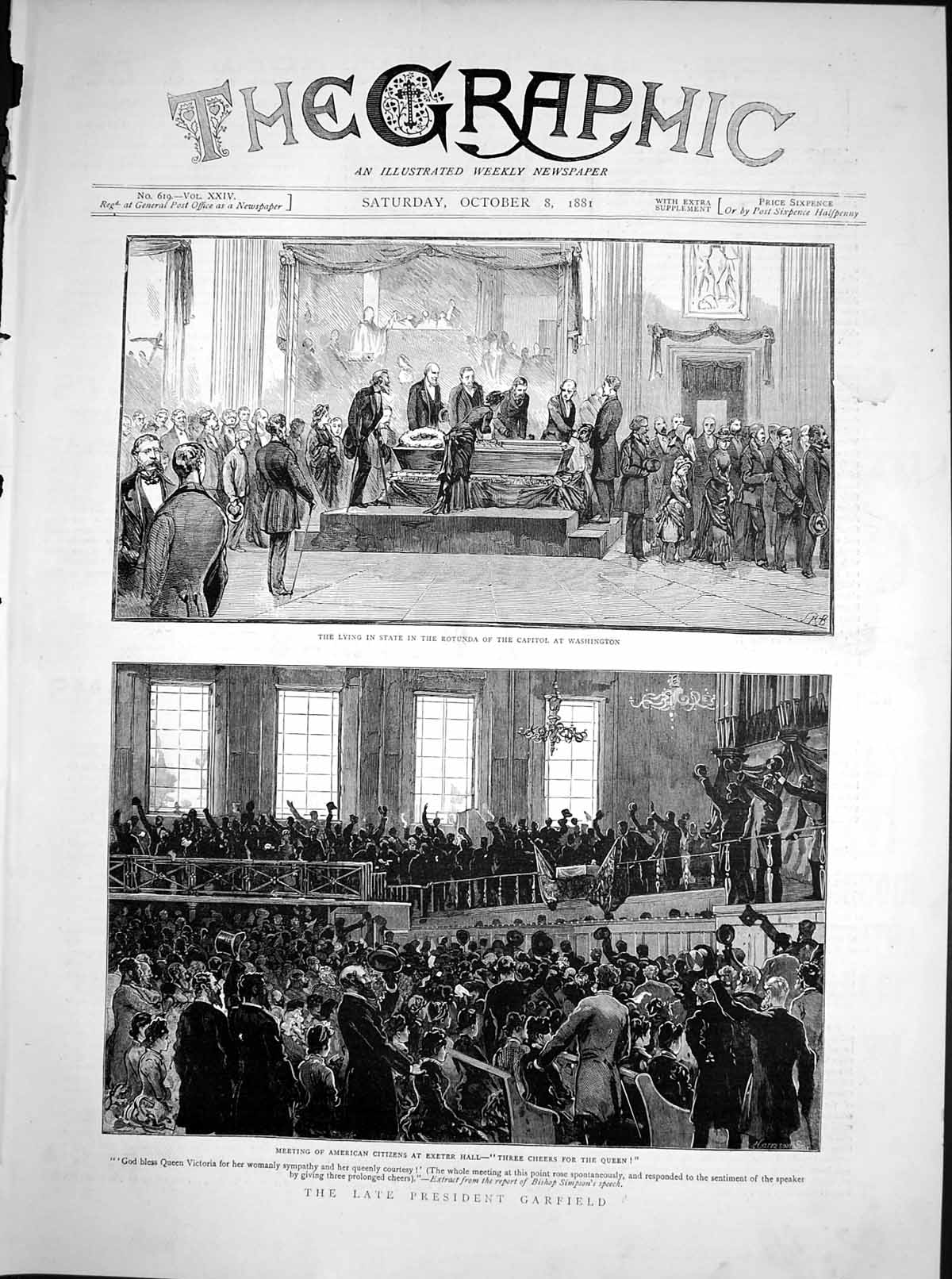 Antique Old Print Late President Garfield Lying State Rotunda Washington 1881