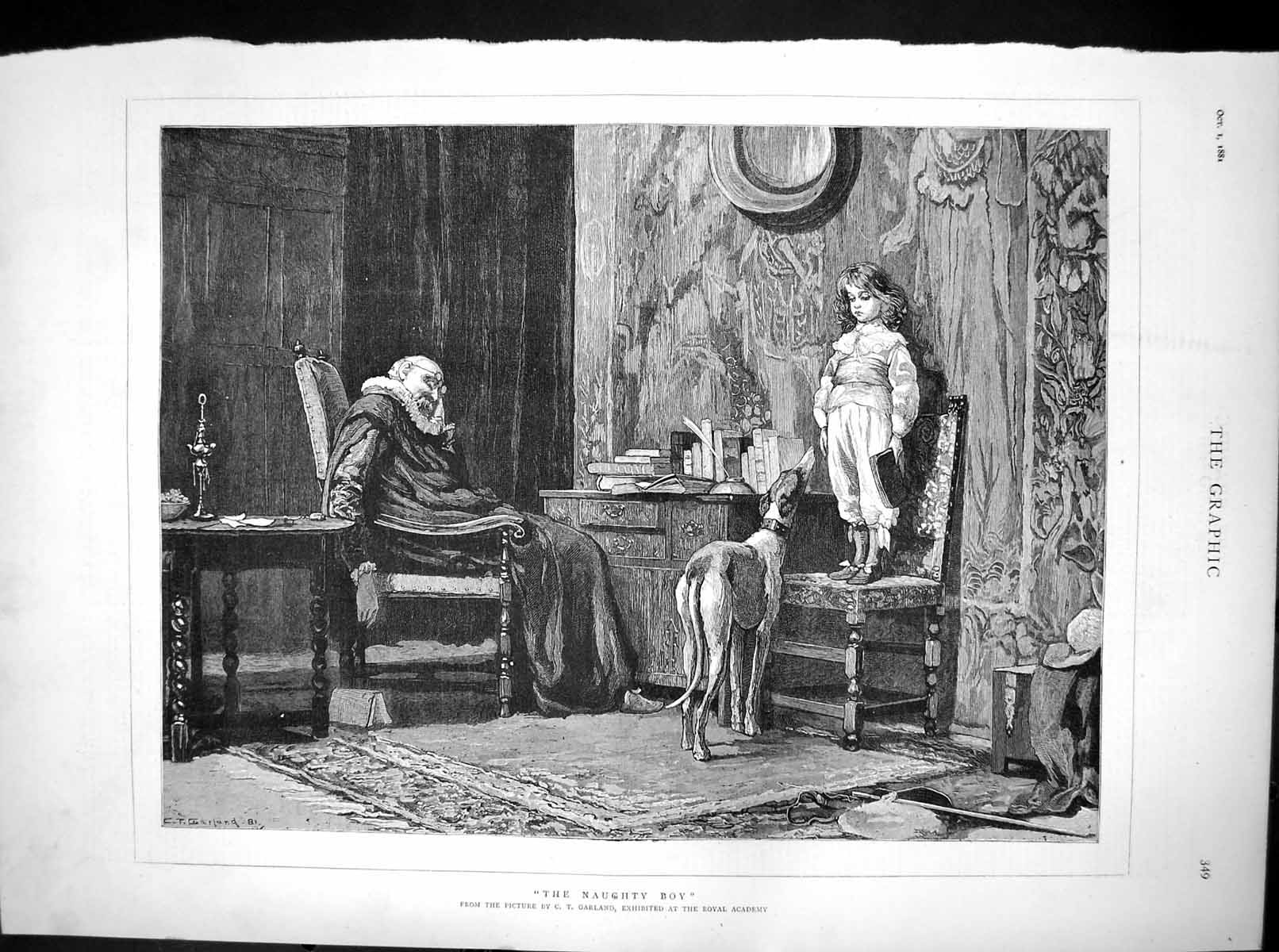 Antique Print Naughty Boy Ct Garland Royal Academy Boy Stand Chair Dog 1881