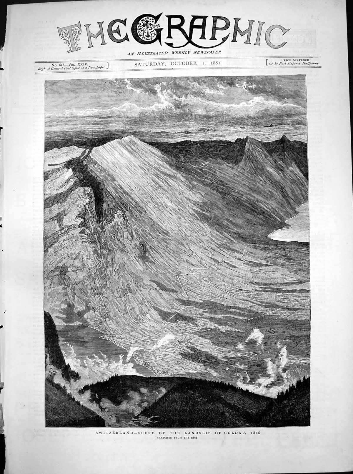 Original Old Antique Print Switzerland Scene Landslip Gau 1806 Rigi 1881 19th
