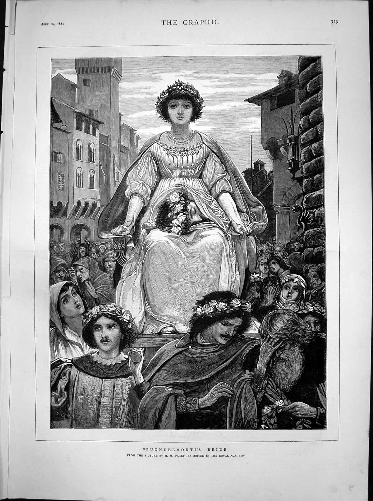 Original Old Antique Print Buondelmontis Bride Hm Paget Royal Academy 1881 19th