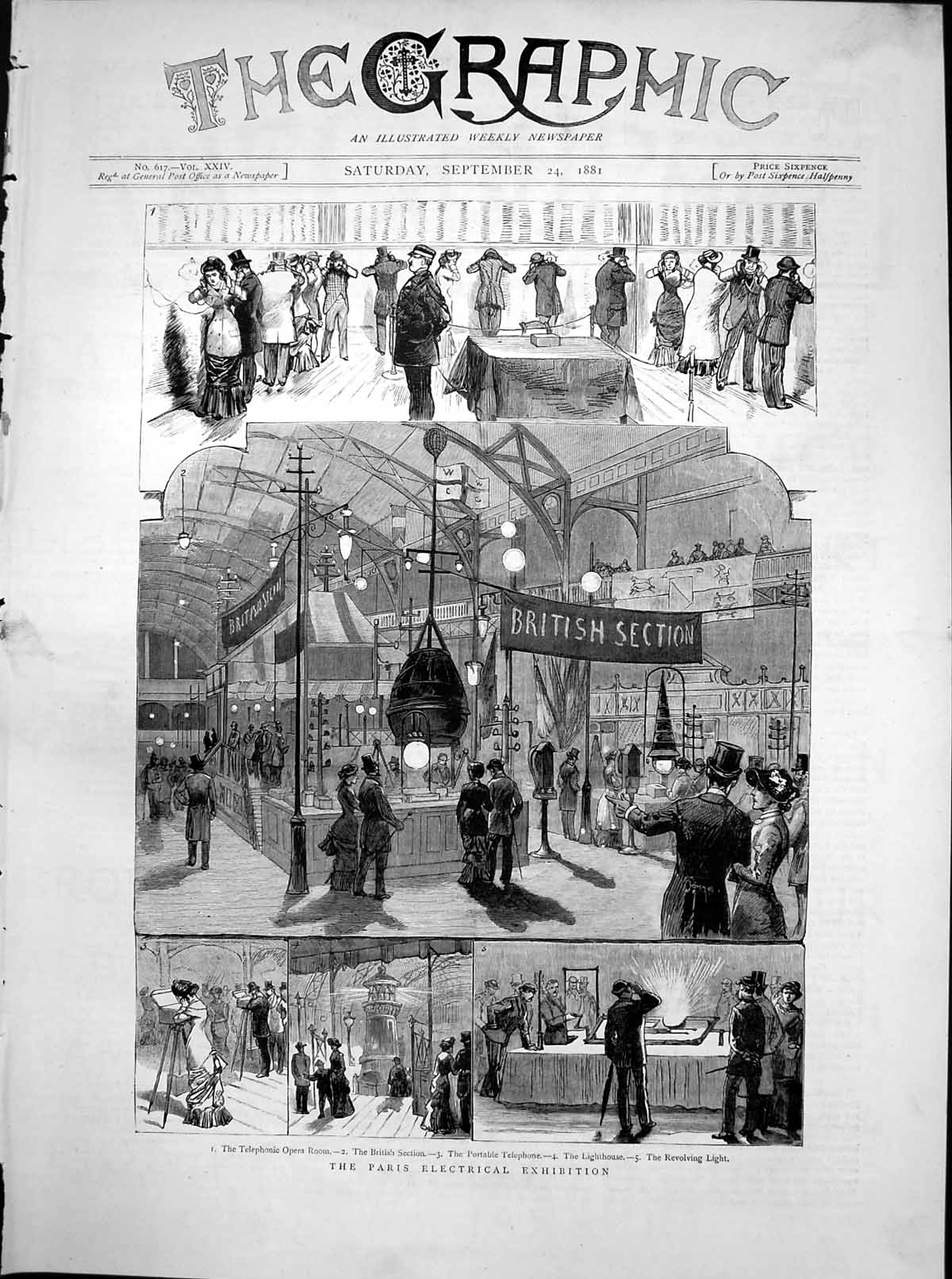 Old Print Paris Electrical Exhibition Portable Telephone Lighthouse 1881 19th