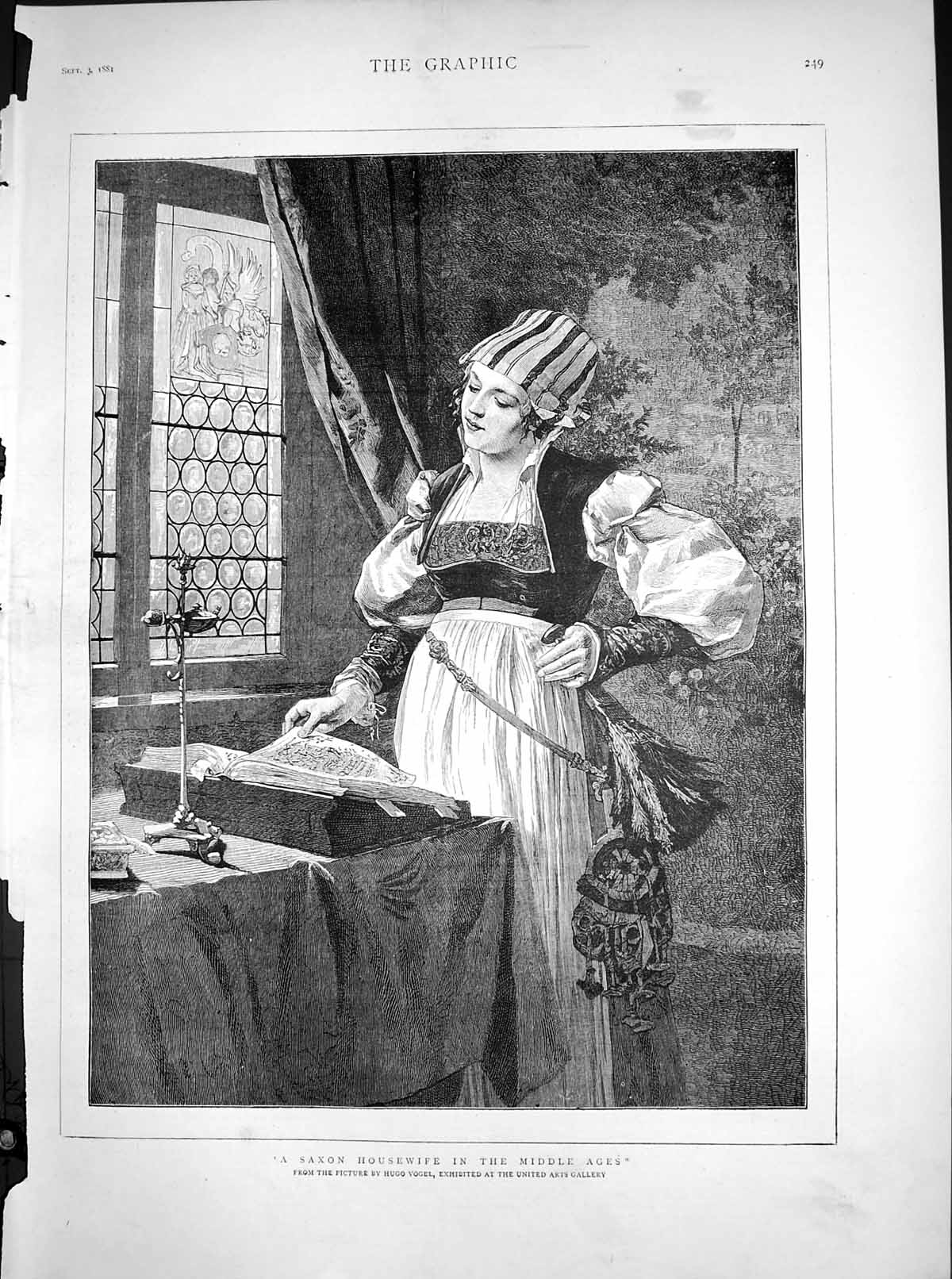 Old Print Saxon Housewife Middle Ages Hugo Vogel United Arts Gallery1881 19th