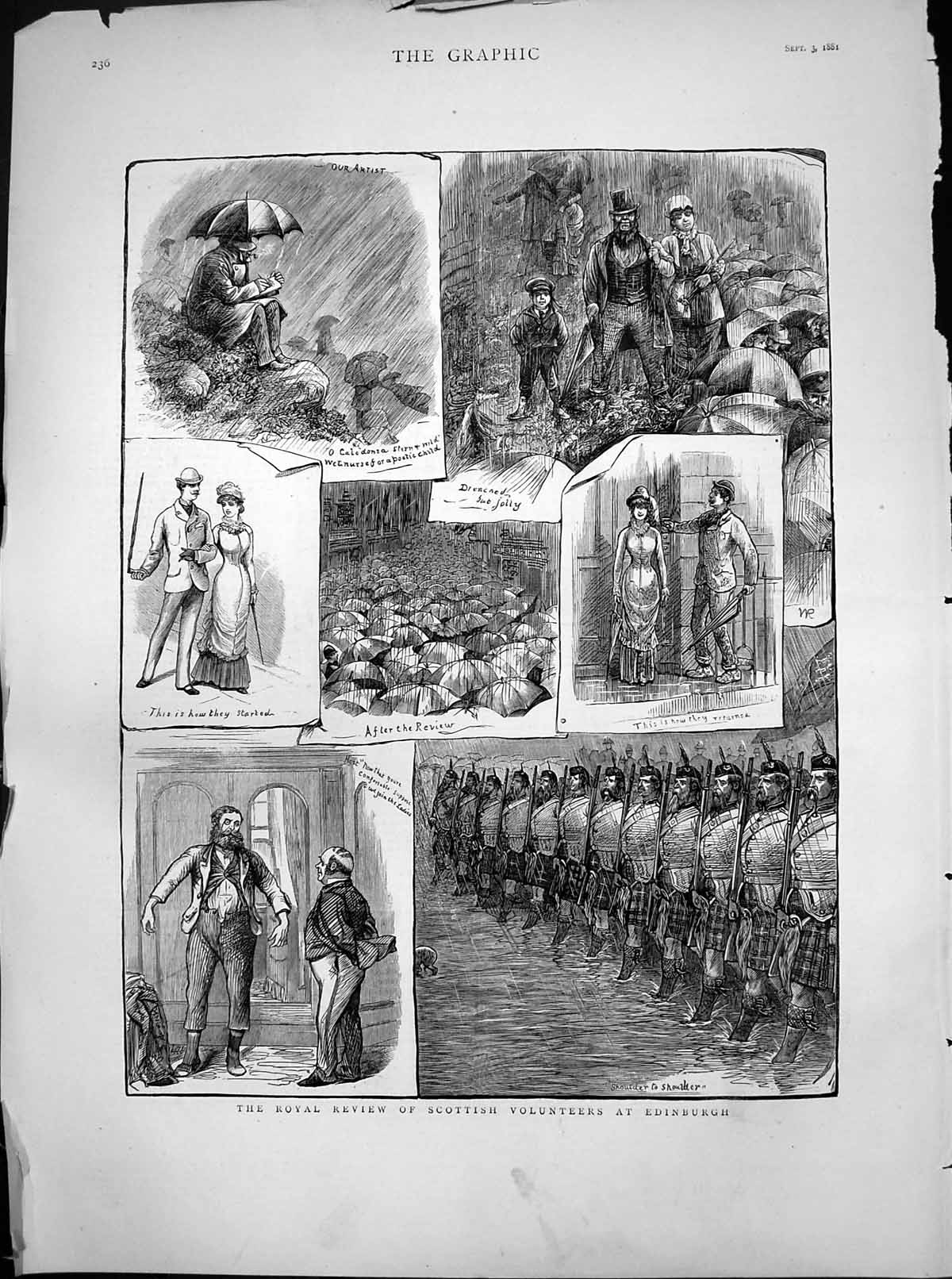 Old Antique Print Royal Review Scottish Volunteers Edinburgh Raining 1881 19th