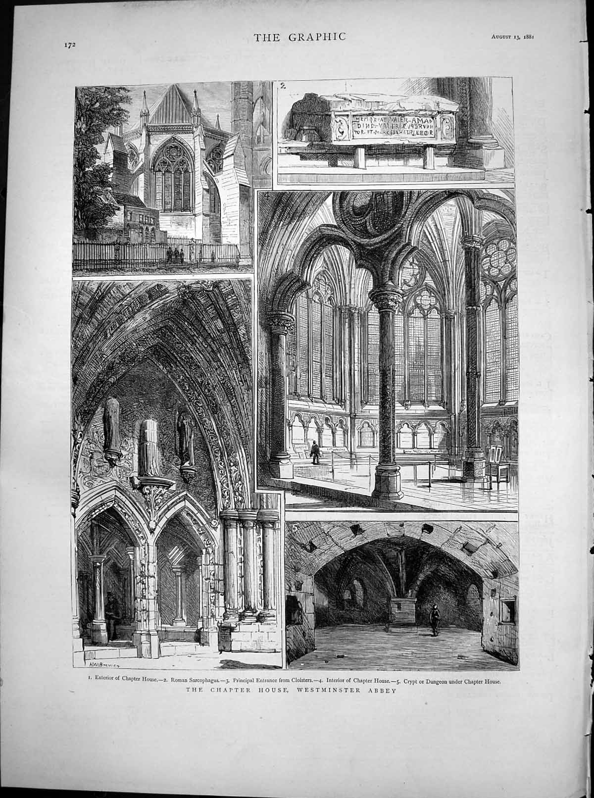 Old Antique Print Chapter House Westminster Abbey Roman Sarcophagus 1881 19th