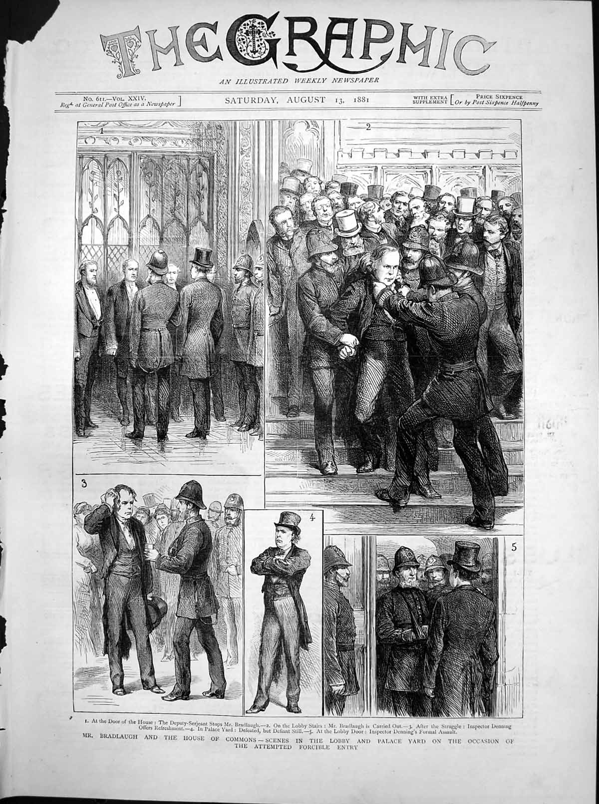 Antique Old Print Mr Bradlaugh House Commons Attempted Forcible Entry 1881 19th