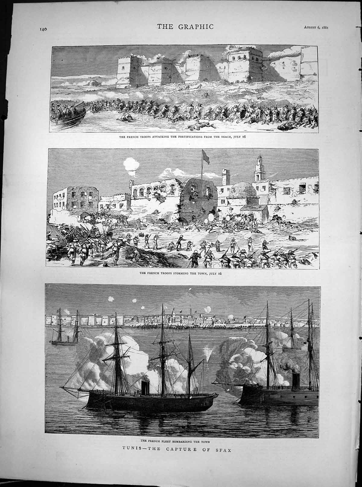Antique Old Print Tunis Capture Sfax French Troops Beach Storming Town 1881