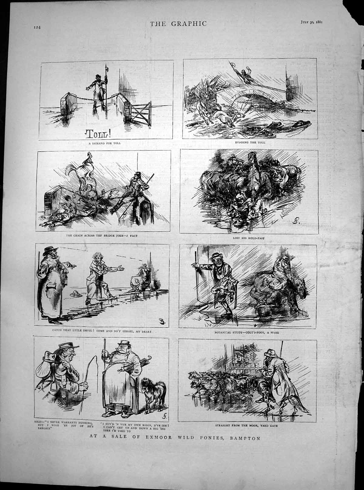 Antique Old Print Sale Exmoor Wild Ponies Bampton Evading Toll Yard Gate 1881