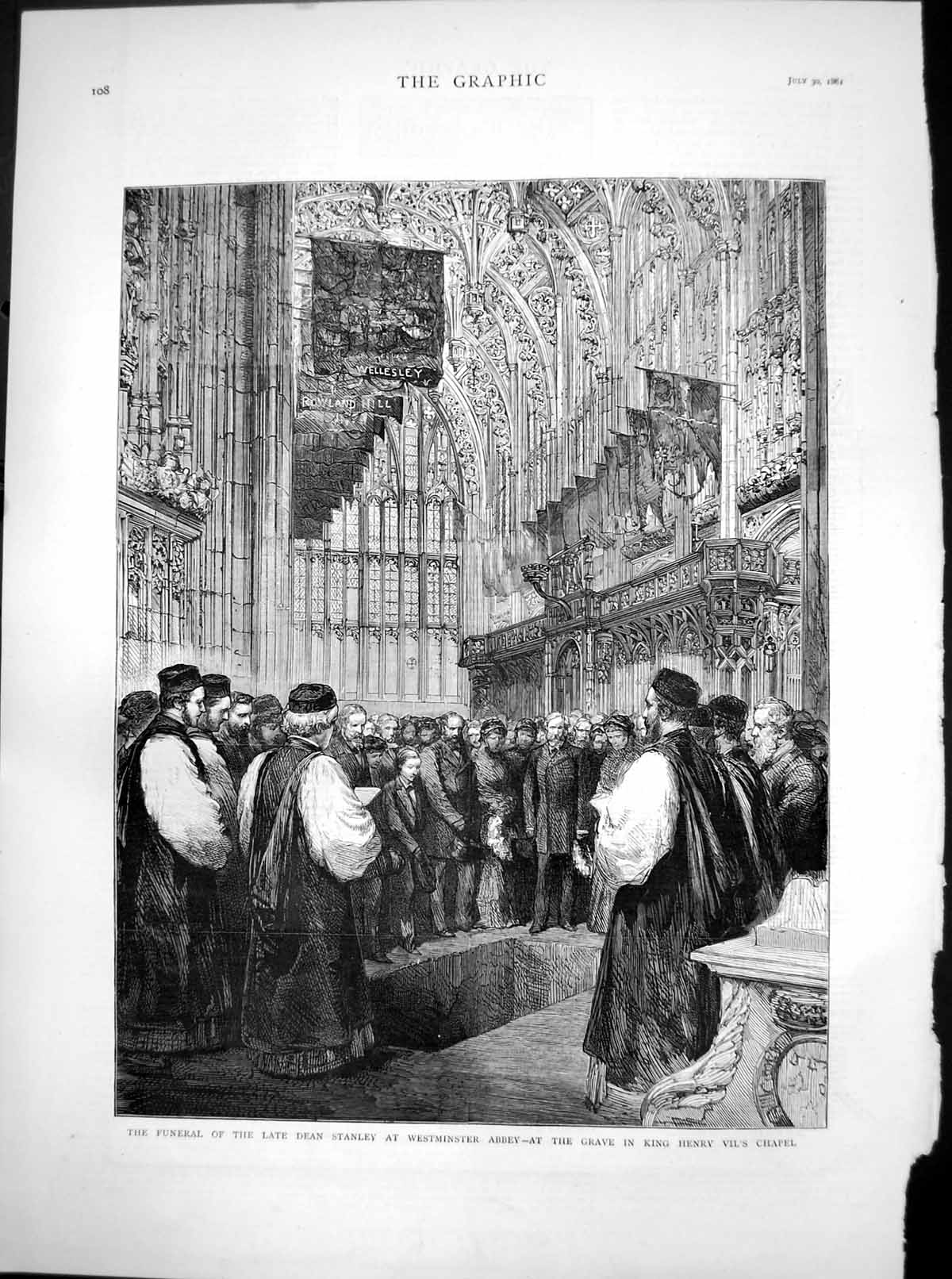 Antique Old Print Funeral Dean Stanley Westminster Abbey Grave Chapel 1881 19th