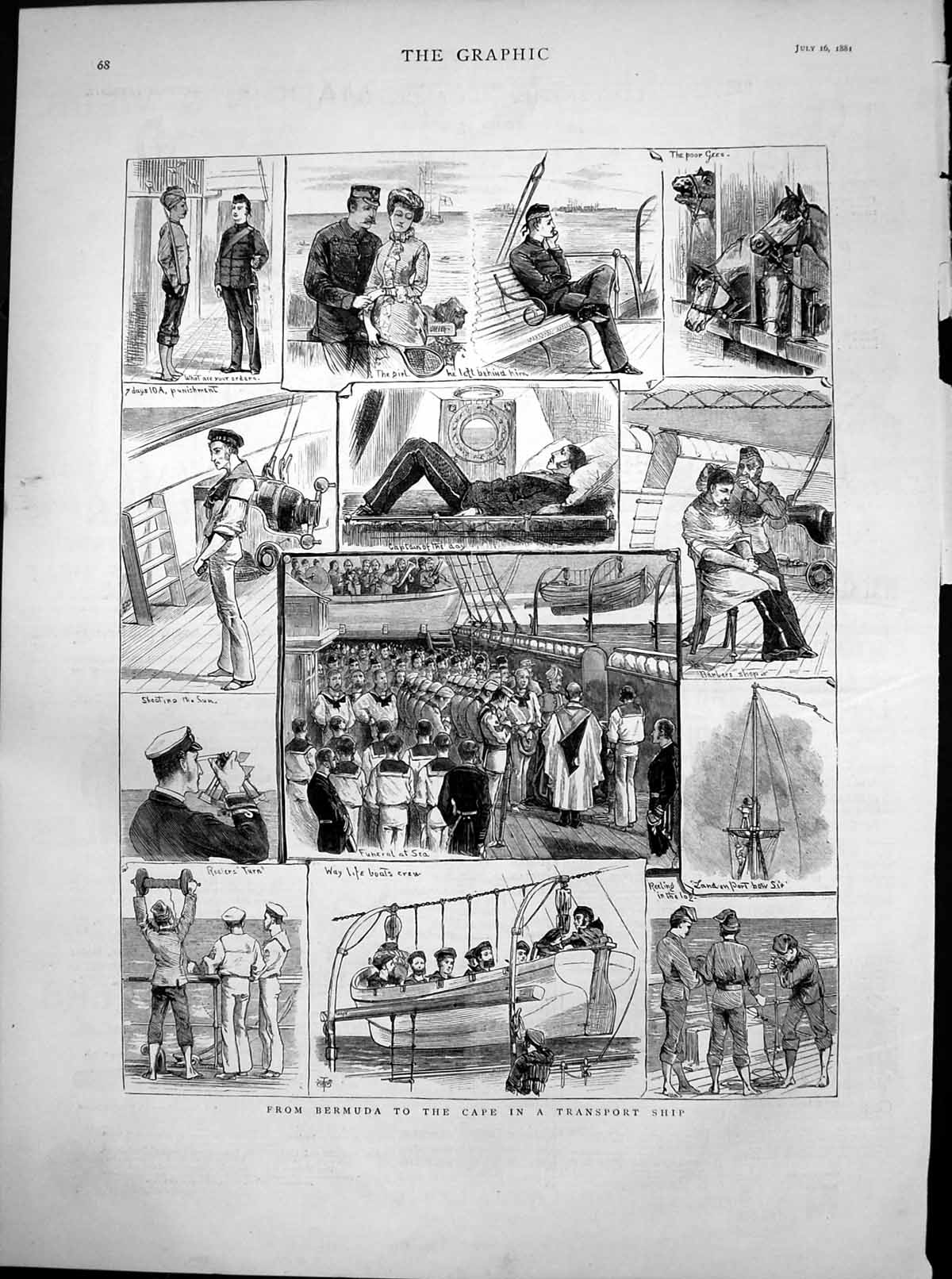 Antique Print Bermuda Cape Transport Ship Orders Funeral Reelers Turn 1881 19th