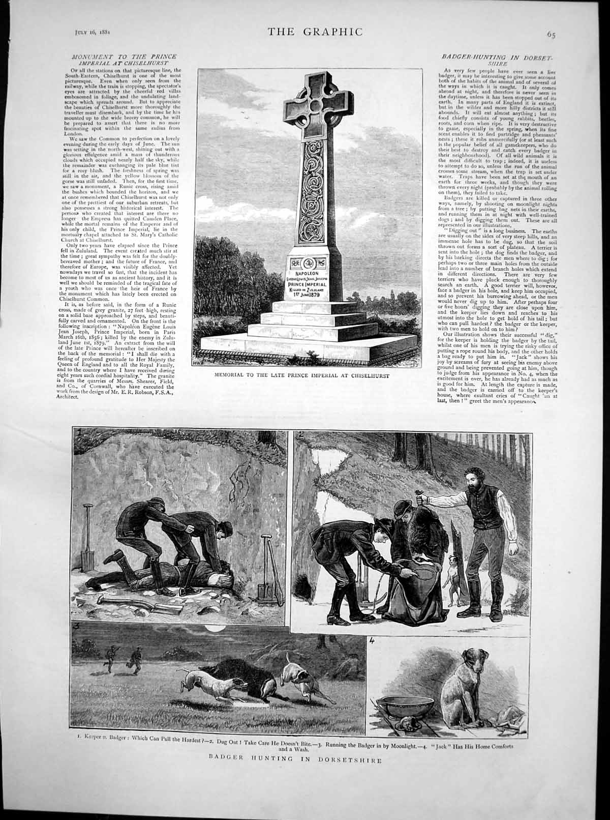 Old Print Memorial Prince Imperial Chiselhurst Badger Hunting Dorset1881 19th