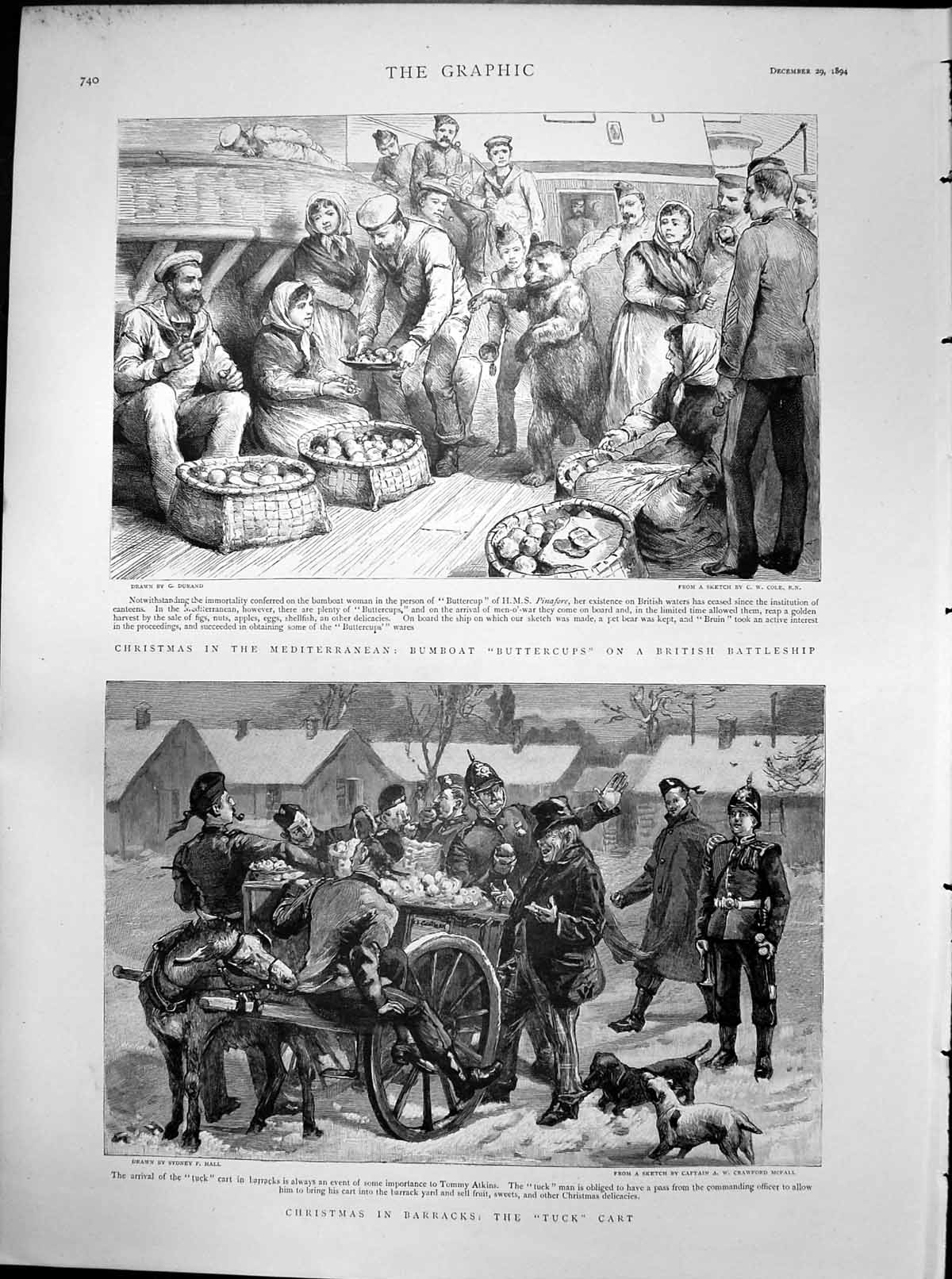 Antique Old Print Christmas Mediterranean Battleship Barracks Tuck Cart 1894