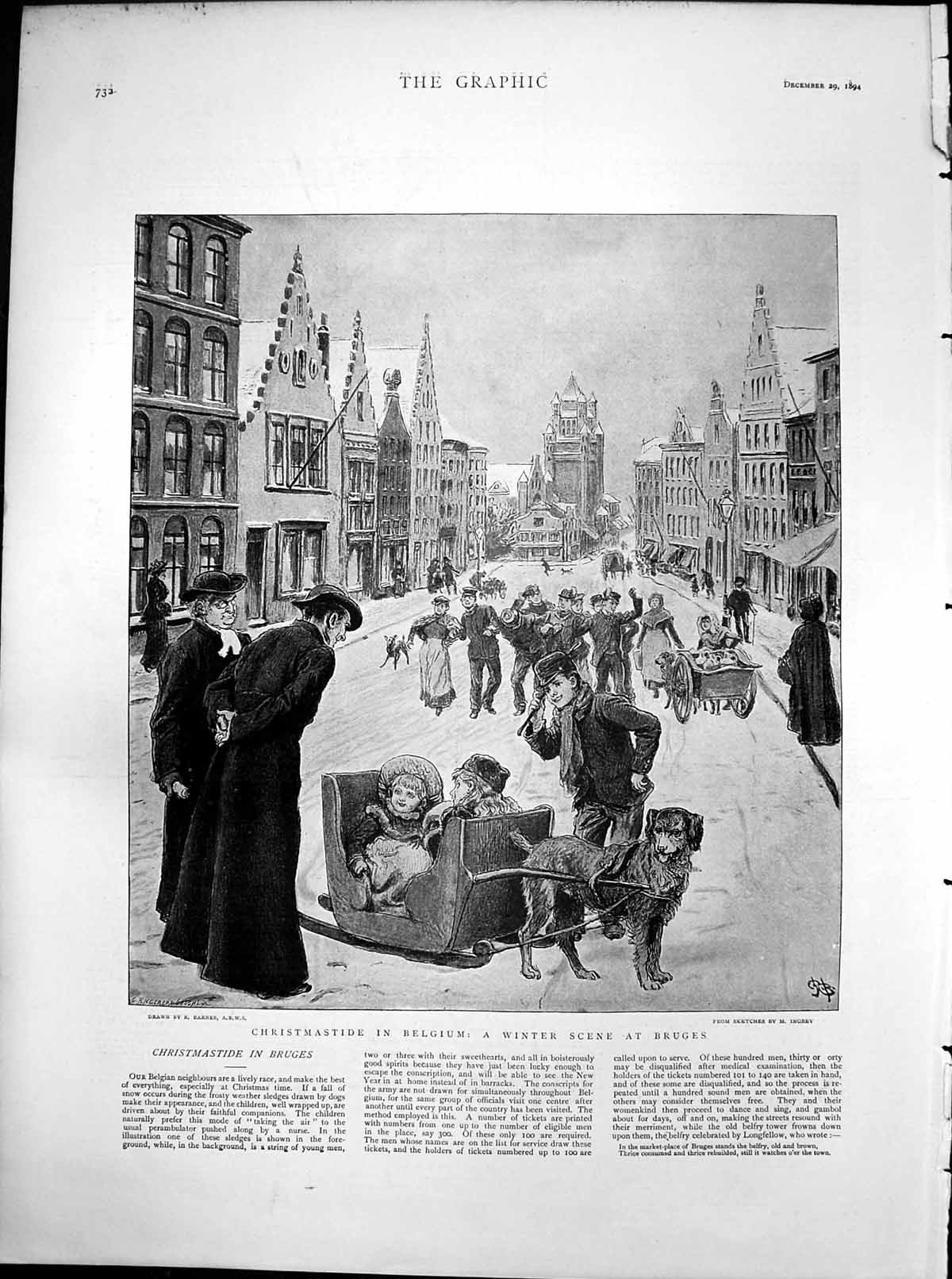 Old Antique Print Christmastide Belgium Winter Scene Bruges R Barnes 1894 19th