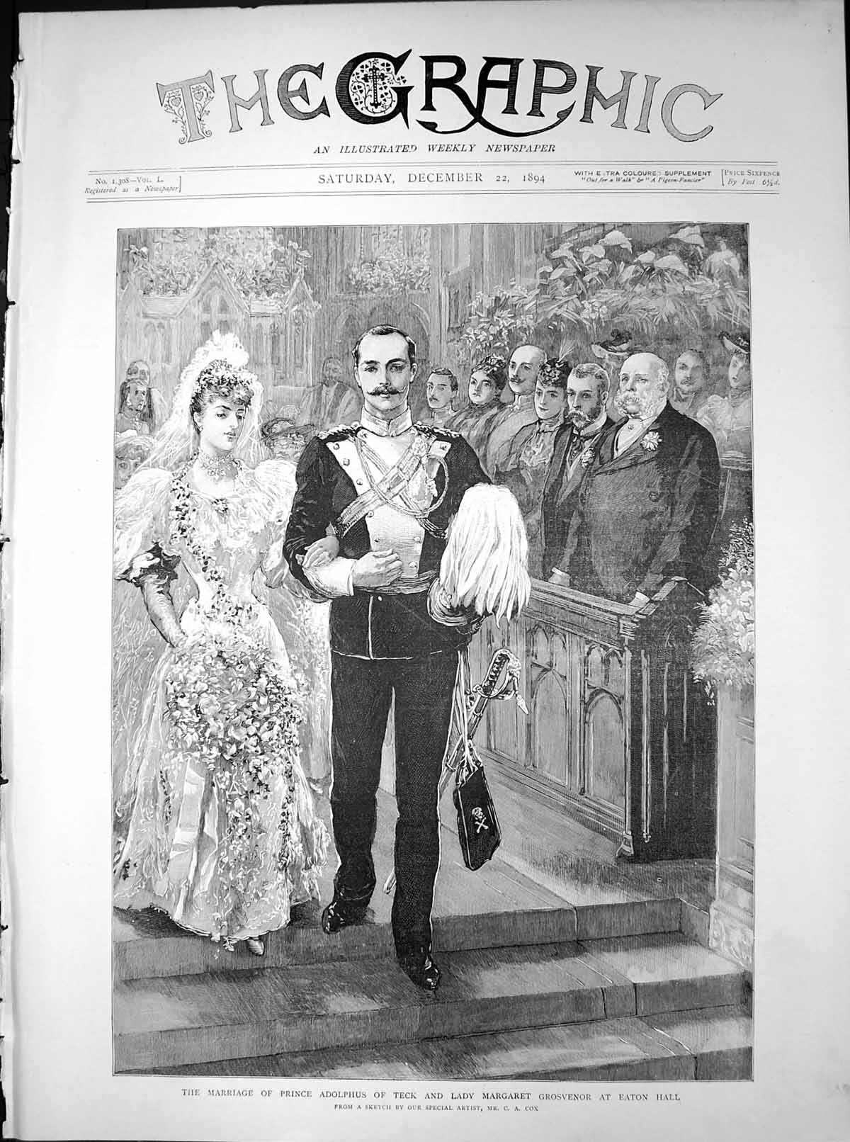 Antique Old Print Marriage Prince Adolphus Teck Lady Margaret Grosvenor 1894