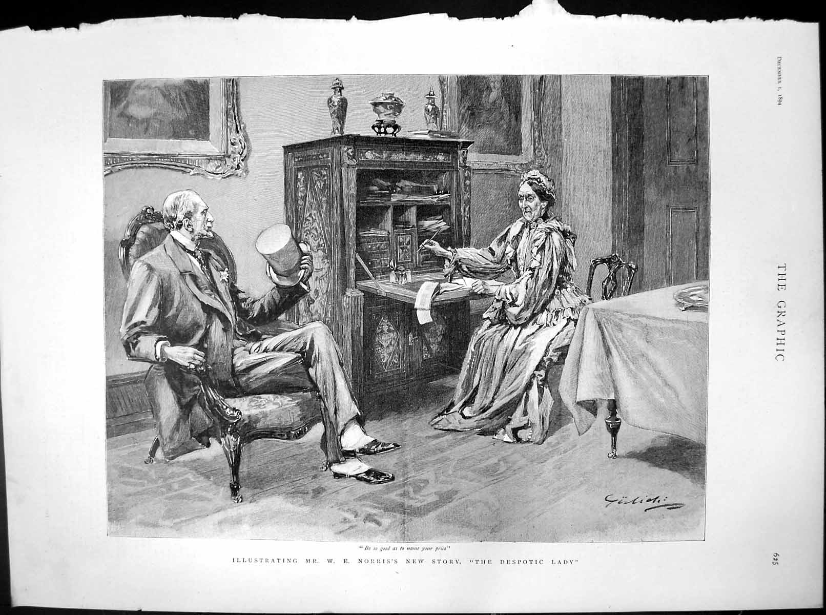 Old Print We Norriss New Story Despotic Lady Lady Writing Gent Chair 1894 19th