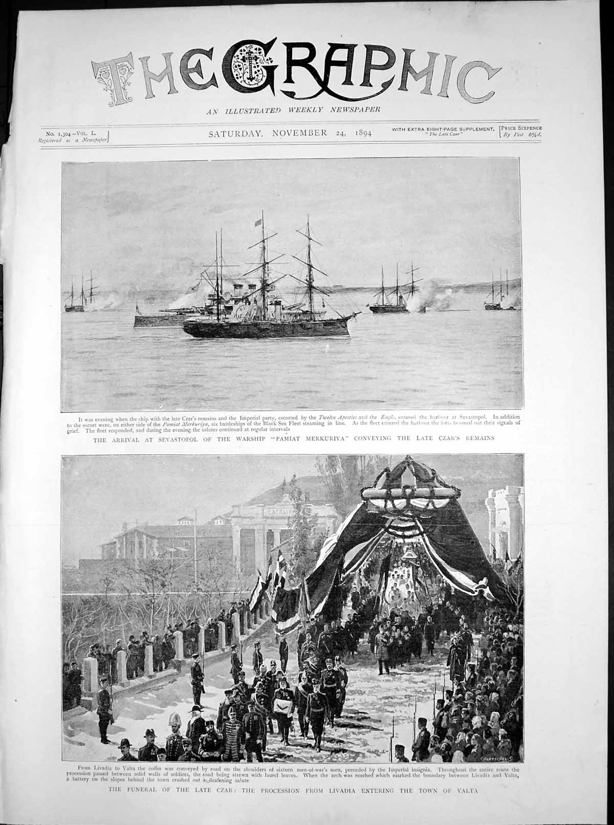 Old Print Sevastopol Czars Remains Funeral Procession Livadia Yalta 1894 19th