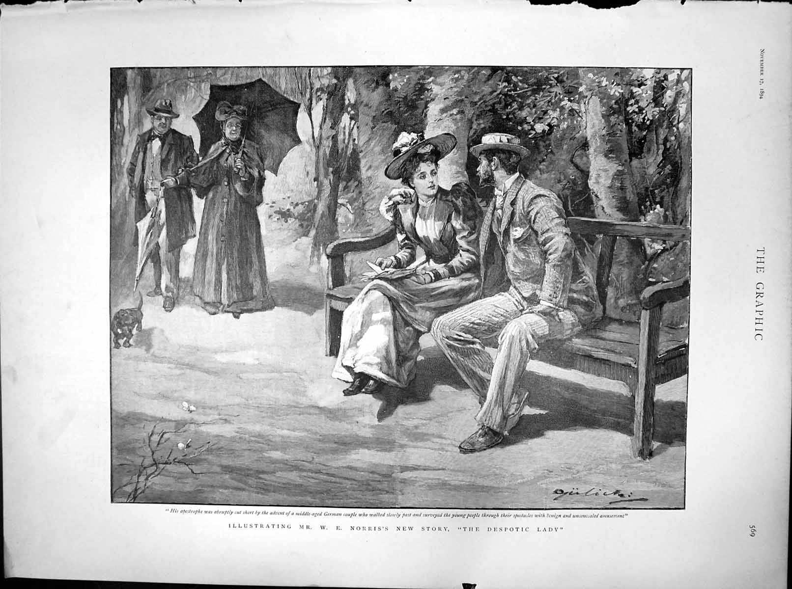 Antique Old Print We Norriss New Story Despotic Lady German Couple Seat 1894