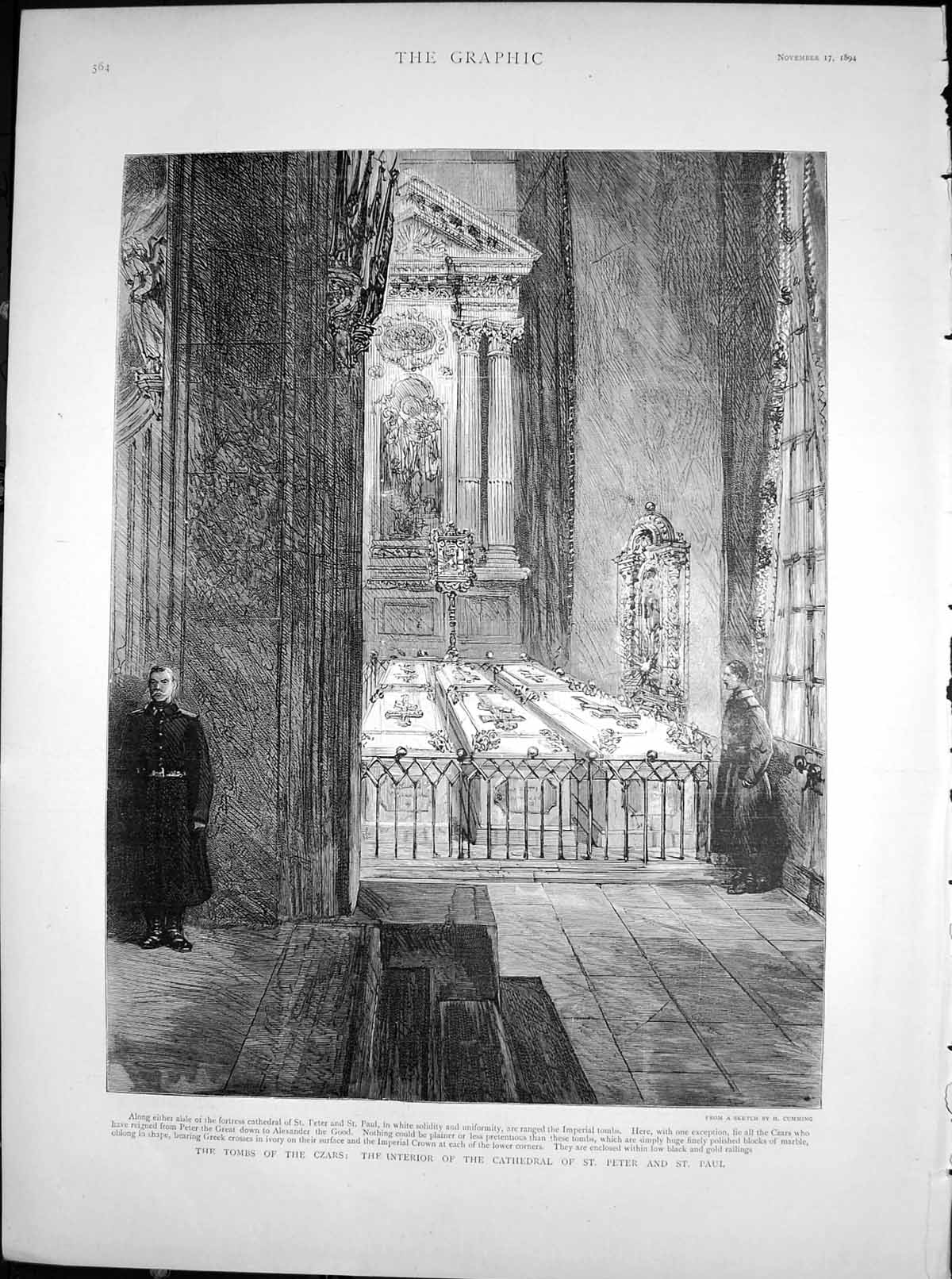Original Old Antique Print Tombs Czars Interior Cathedral St Peter St Paul 1894