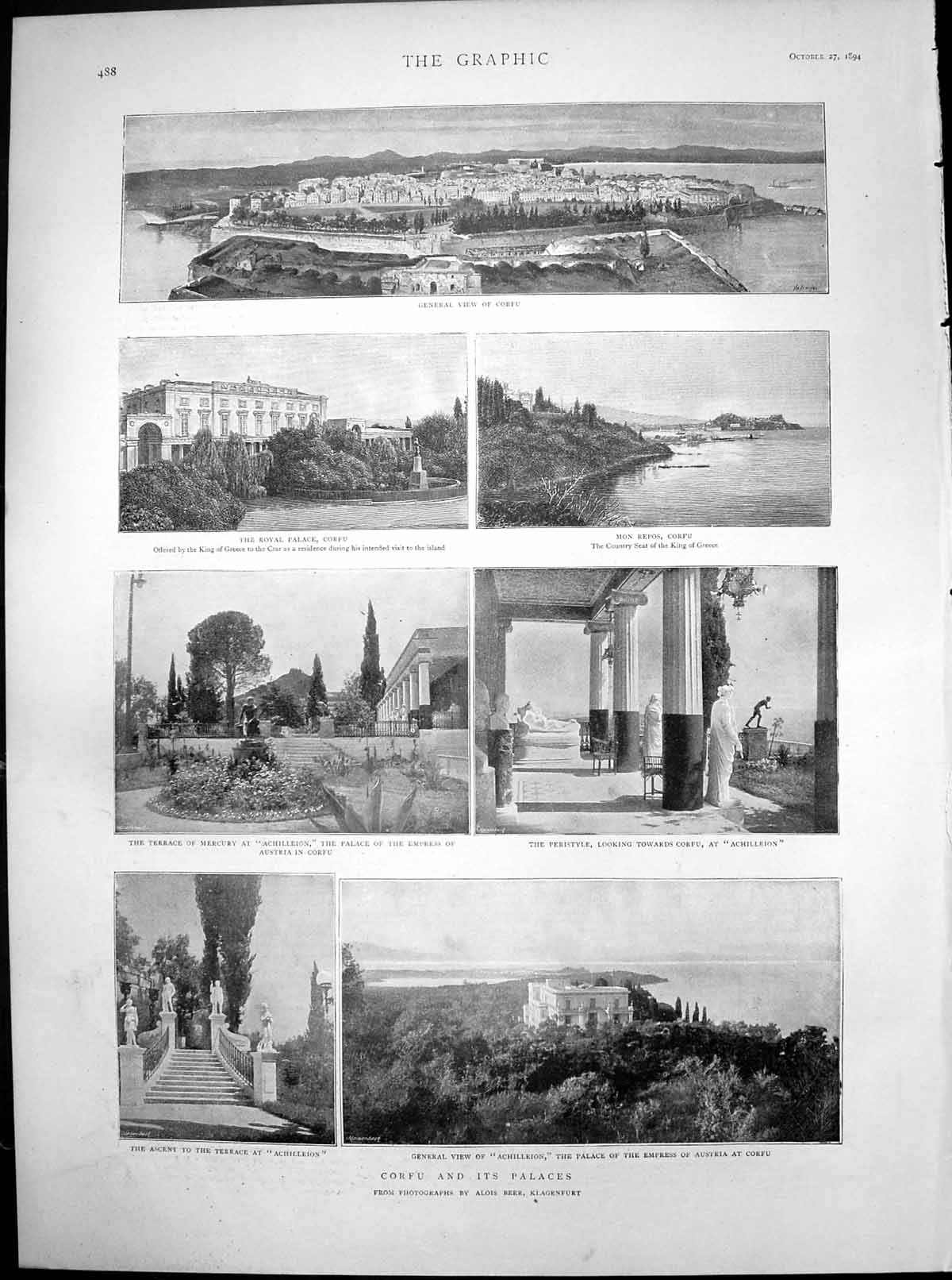 Antique Old Print Corfu Palaces Royal Palace Mon Repos Achilleion Palace 1894
