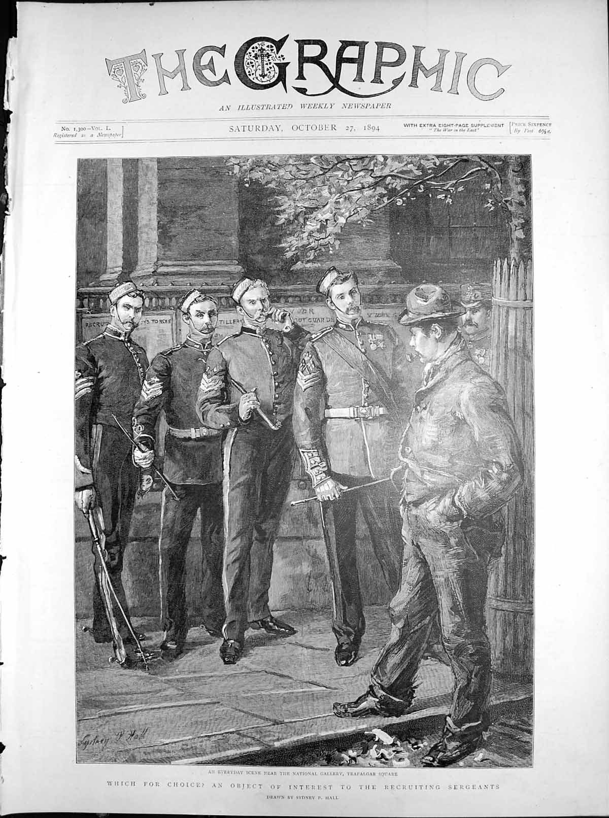Original Old Antique Print Recruiting Sergeant Inspection Trafalgar Square 1894
