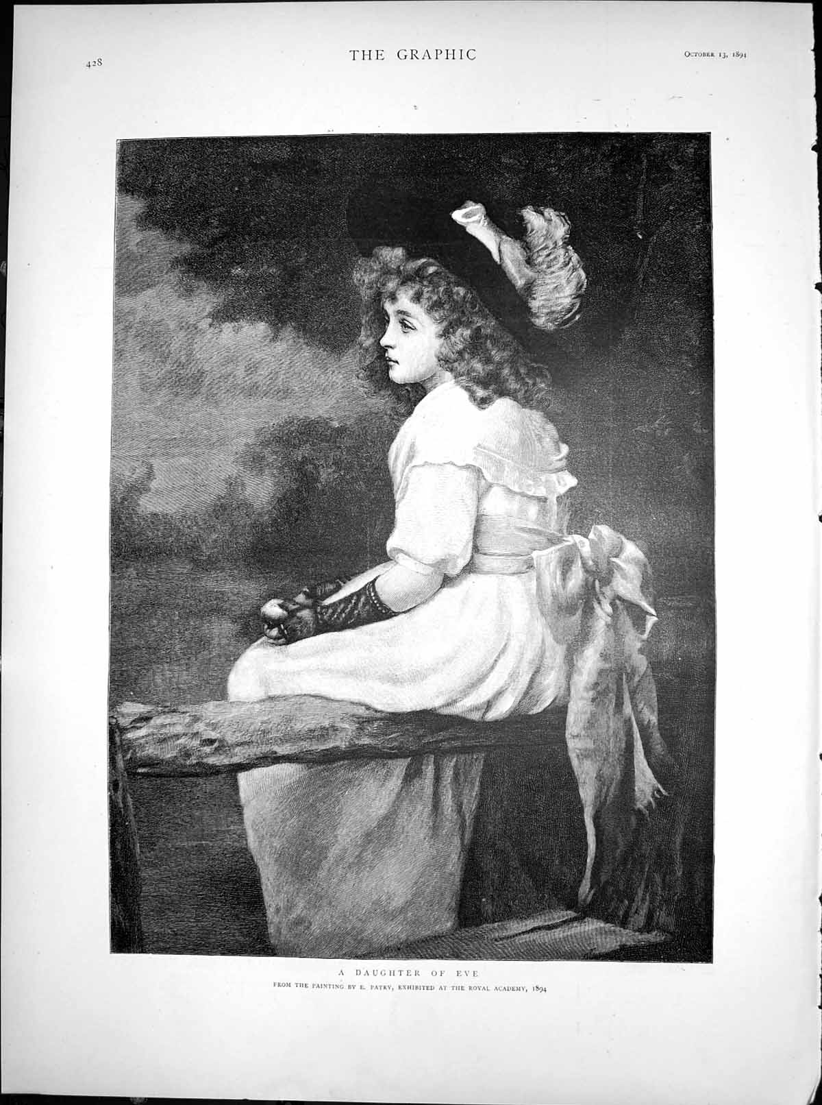 Old Antique Print Daughter Eve E Patry Royal Academy Girl Curls Hat 1894 19th