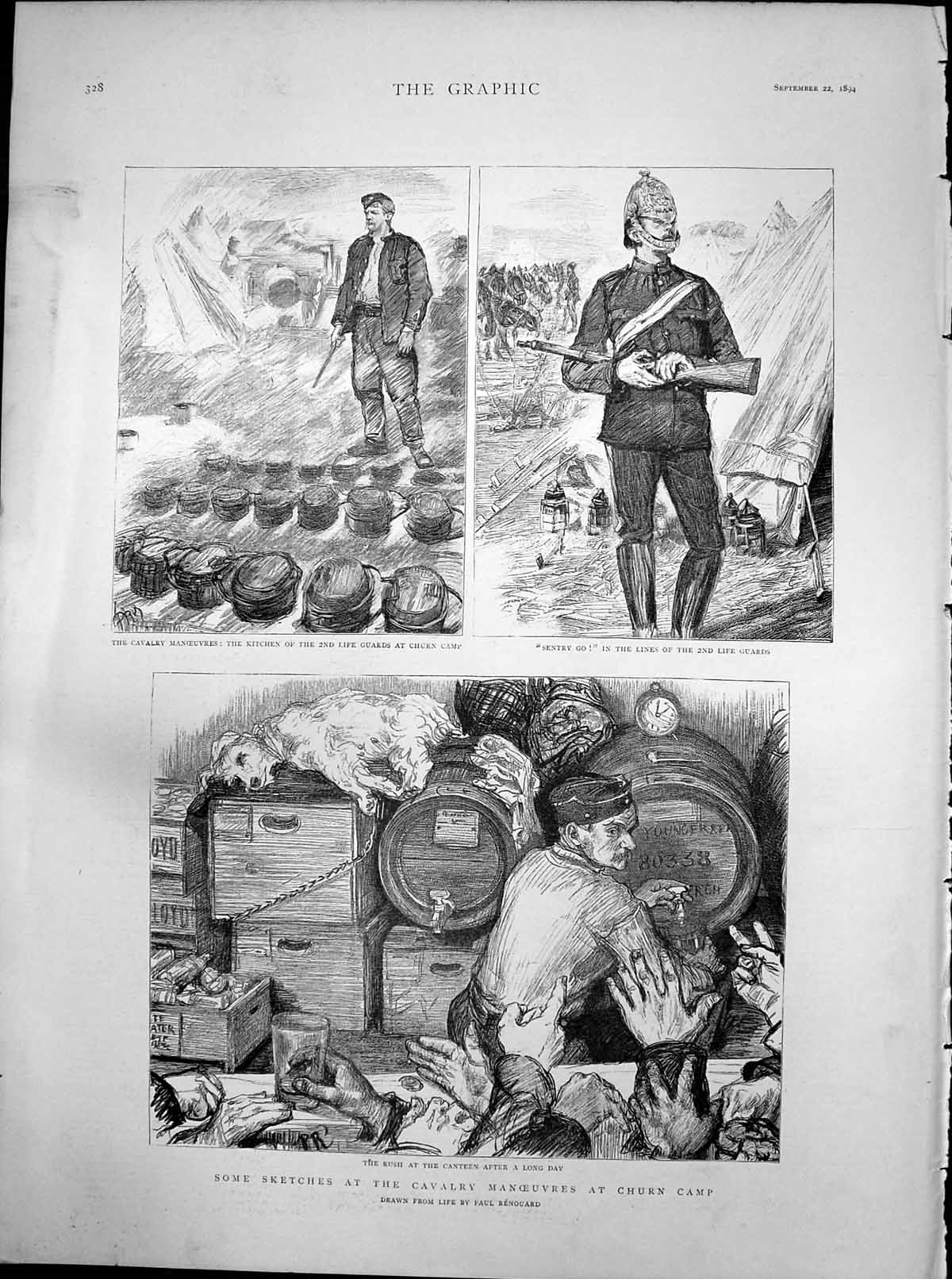 Old Antique Print Cavalry Manoeuvres Churn Camp Rush Canteen Kitchen 1894 19th