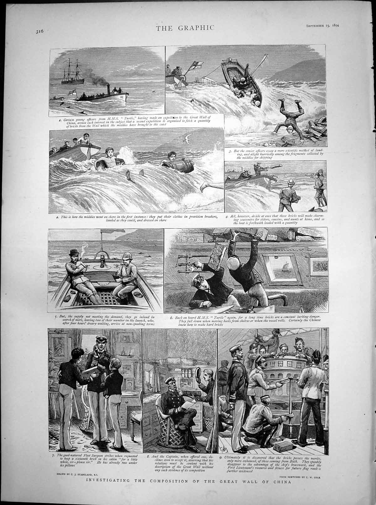 Antique Old Print Investigating Composition Great Wall China Hms Turtle 1894