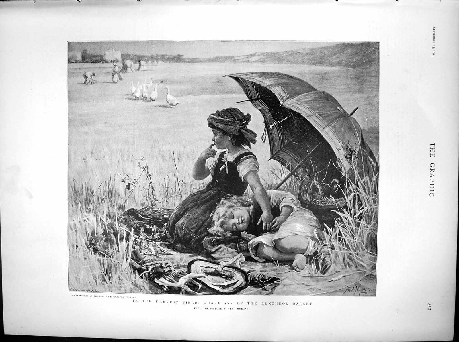 Antique Old Print Harvest Field Guardians Luncheon Basket Fred Morgan 1894 19th