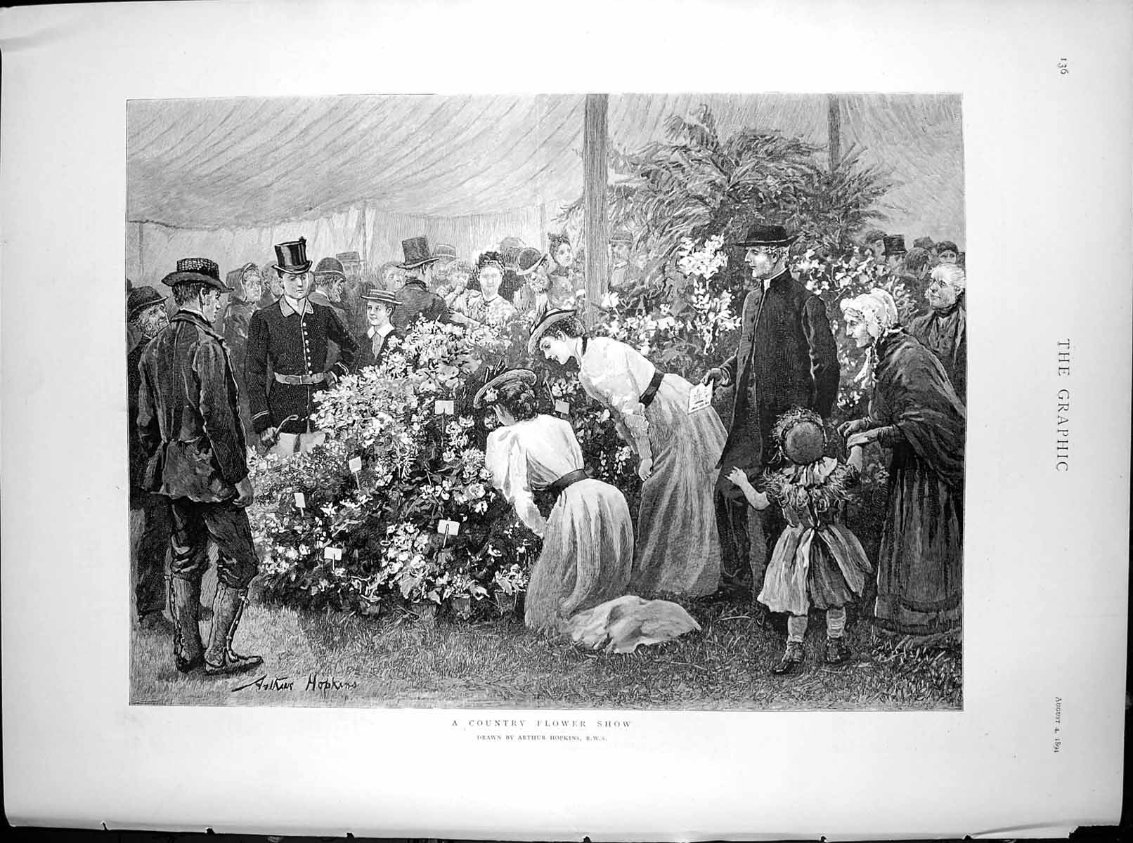 Antique Old Print Country Flower Show Arthur Hopkins Admiring Flowers 1894 19th