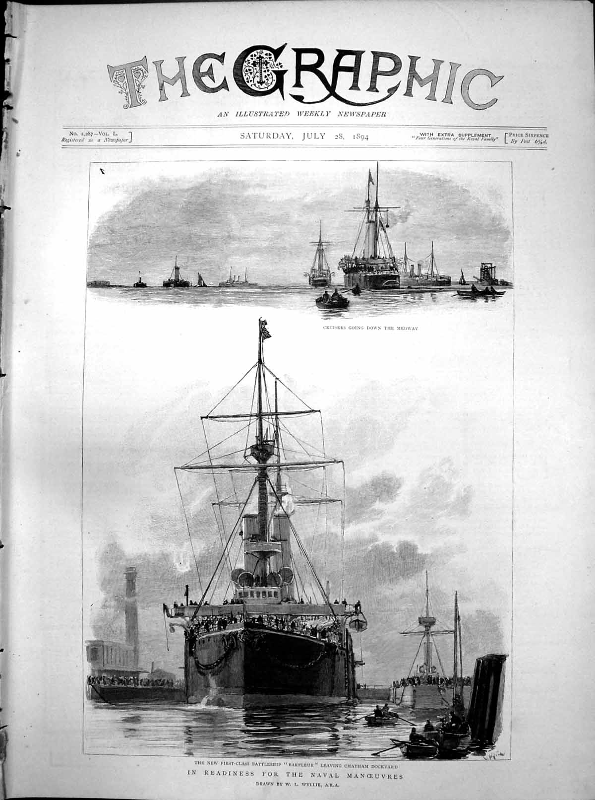 Antique Old Print New First Class Battleship Barfleur Chatham Dockyard 1894