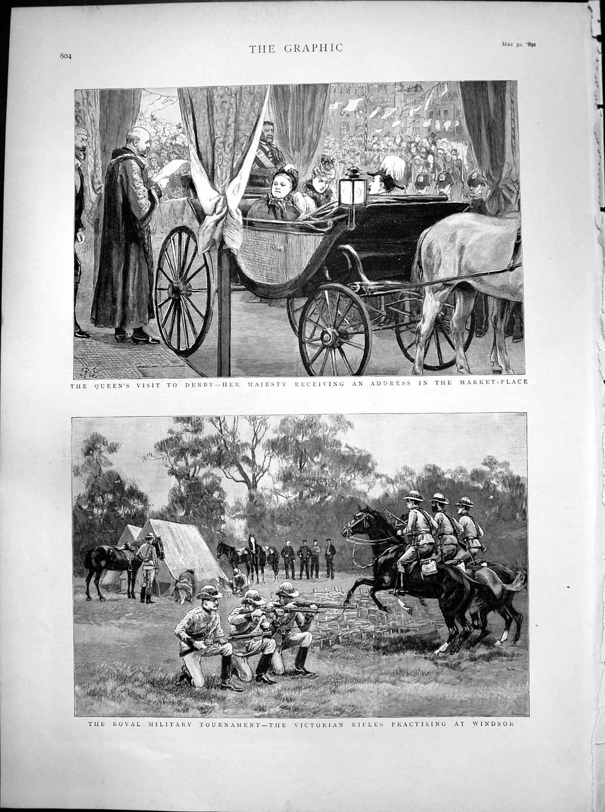 Original Old Antique Print Queens Visit Derby Rifles Practising Windsor 1891