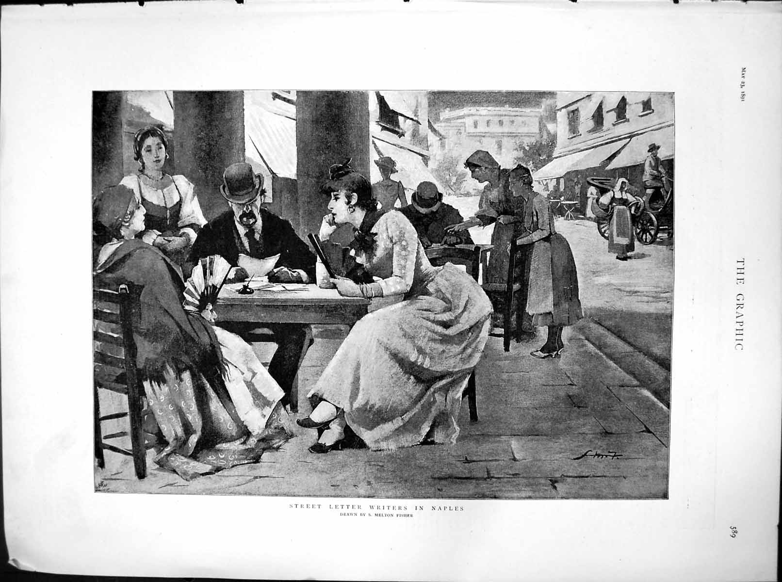 Original Old Antique Print Street Letter Writers Naples S Melton Fisher 1891