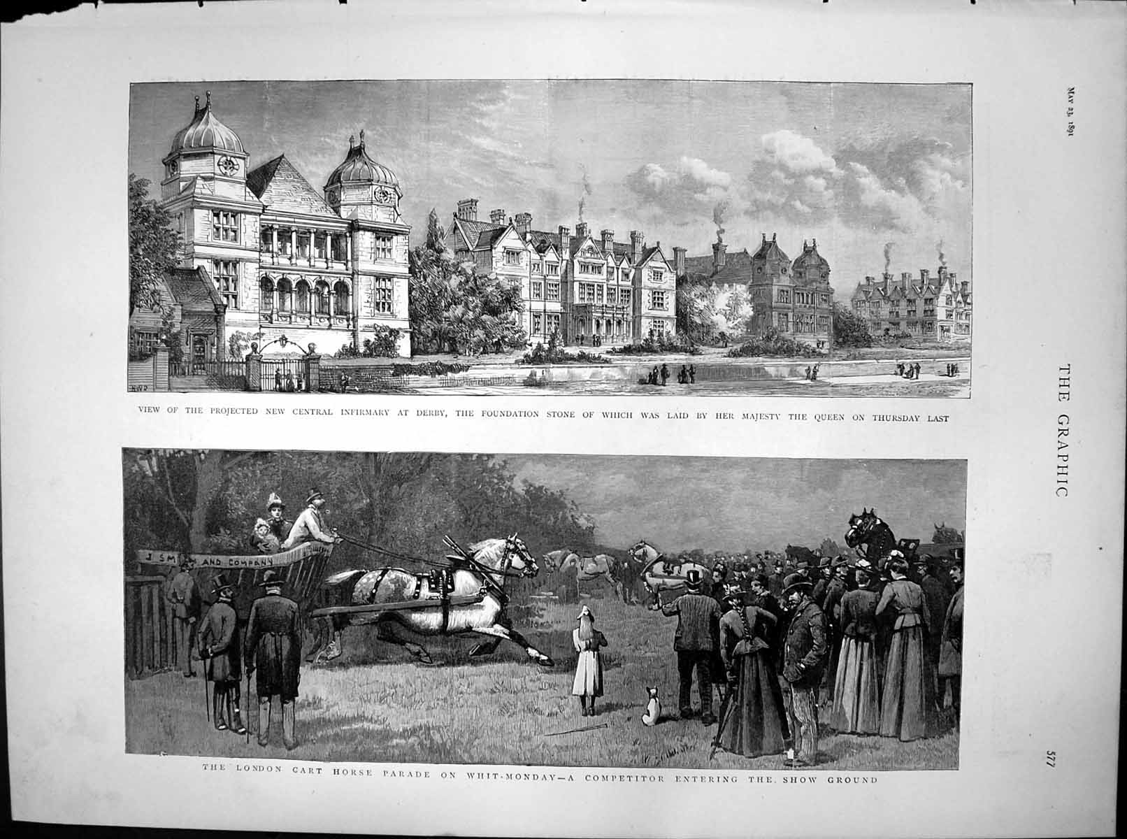 Antique Old Print London Cart Horse Parade New Central Infirmary Derby 1891